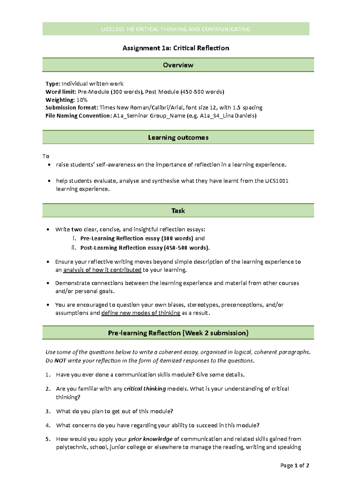 Assignment 1A - Critical Reflections - Page 1 of 2 UCS1001 HB CRITICAL ...