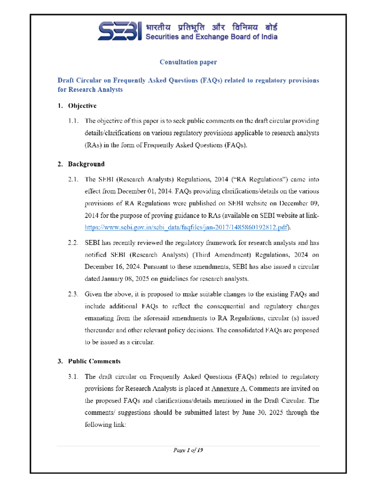 SE31 HRAIA Draft Circular on FAQs for Research Analysts - SEBI - Studocu