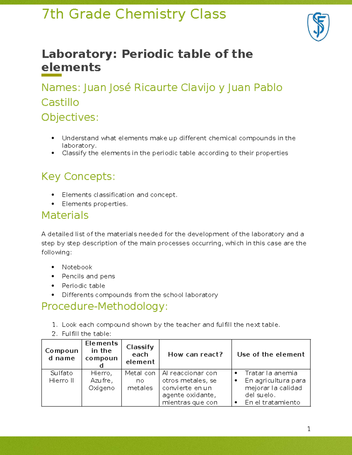 7th Grade Chemistry Lab: Exploring the Periodic Table Elements - Studocu