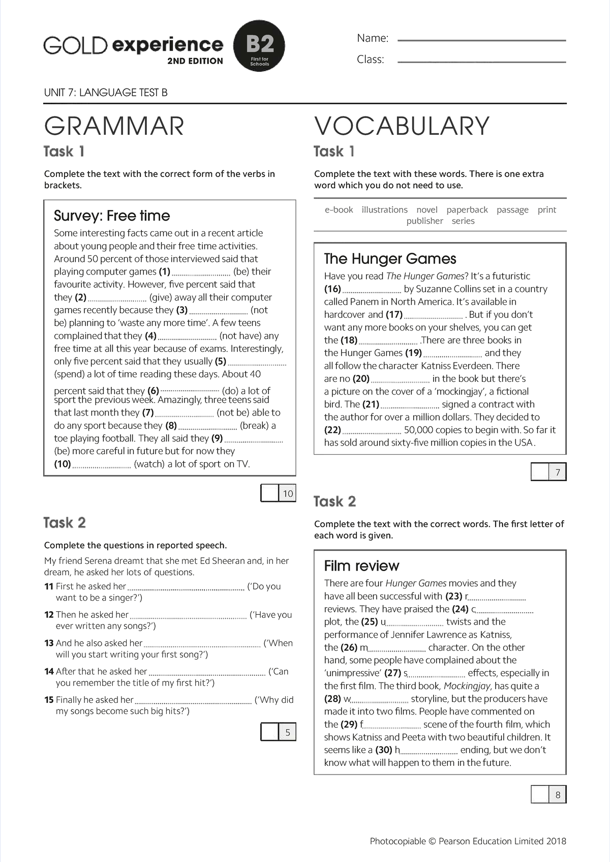 B2 Language Test B - Grammar, Vocabulary, and Film Review Activities ...
