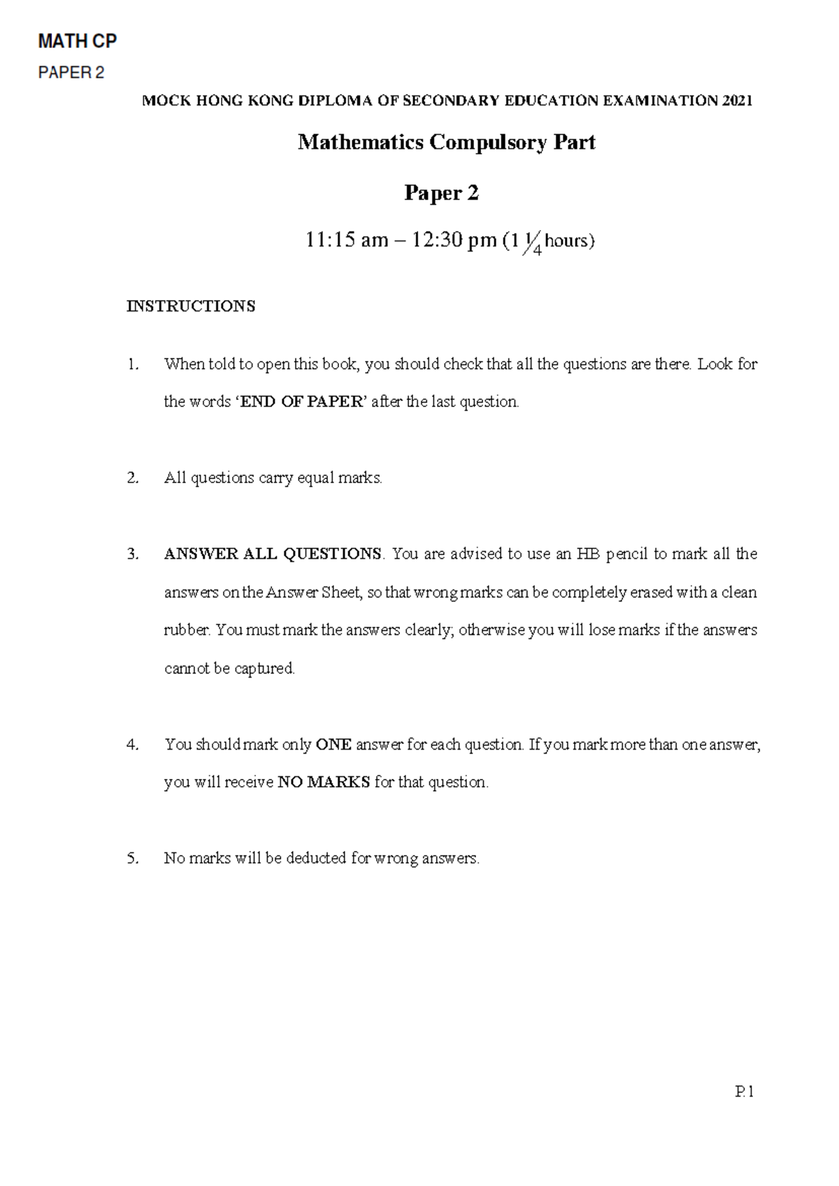 MOCK HKDSE 2021 Mathematics Compulsory Part Paper 2 Exam - Studocu