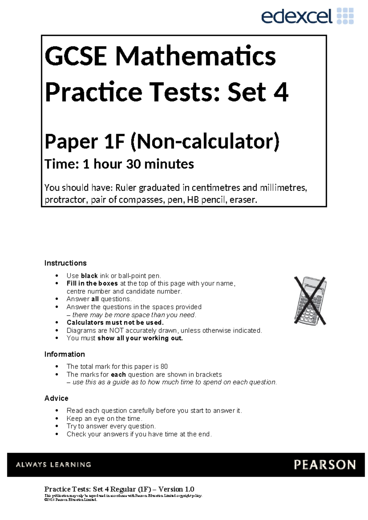 GCSE Maths Practice Test: Set 4 Paper 1F (1.5 Hours) - Studocu