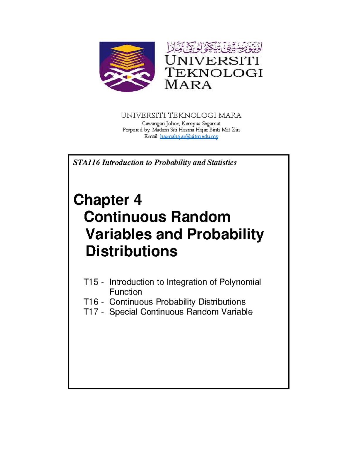 STA116 Chapter 4: Continuous Random Variables & Probability ...
