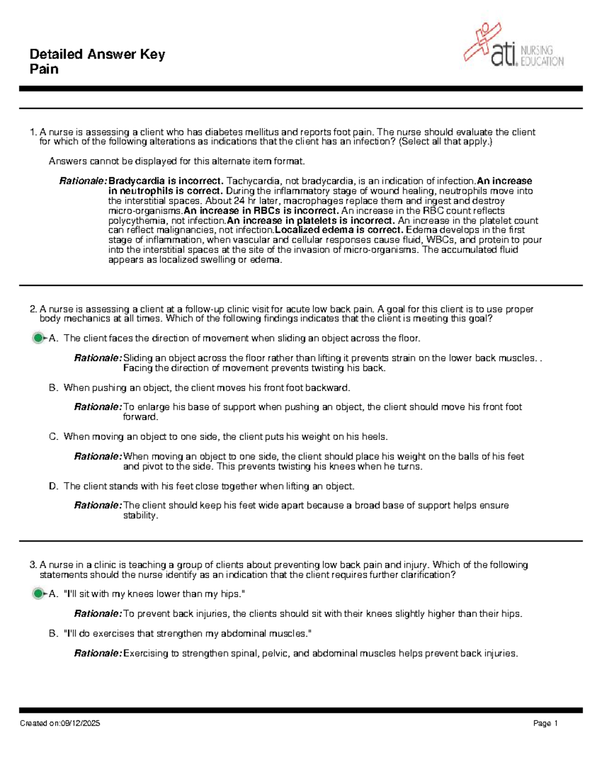 Answer Key for Pain Management - NURS 101 - Studocu