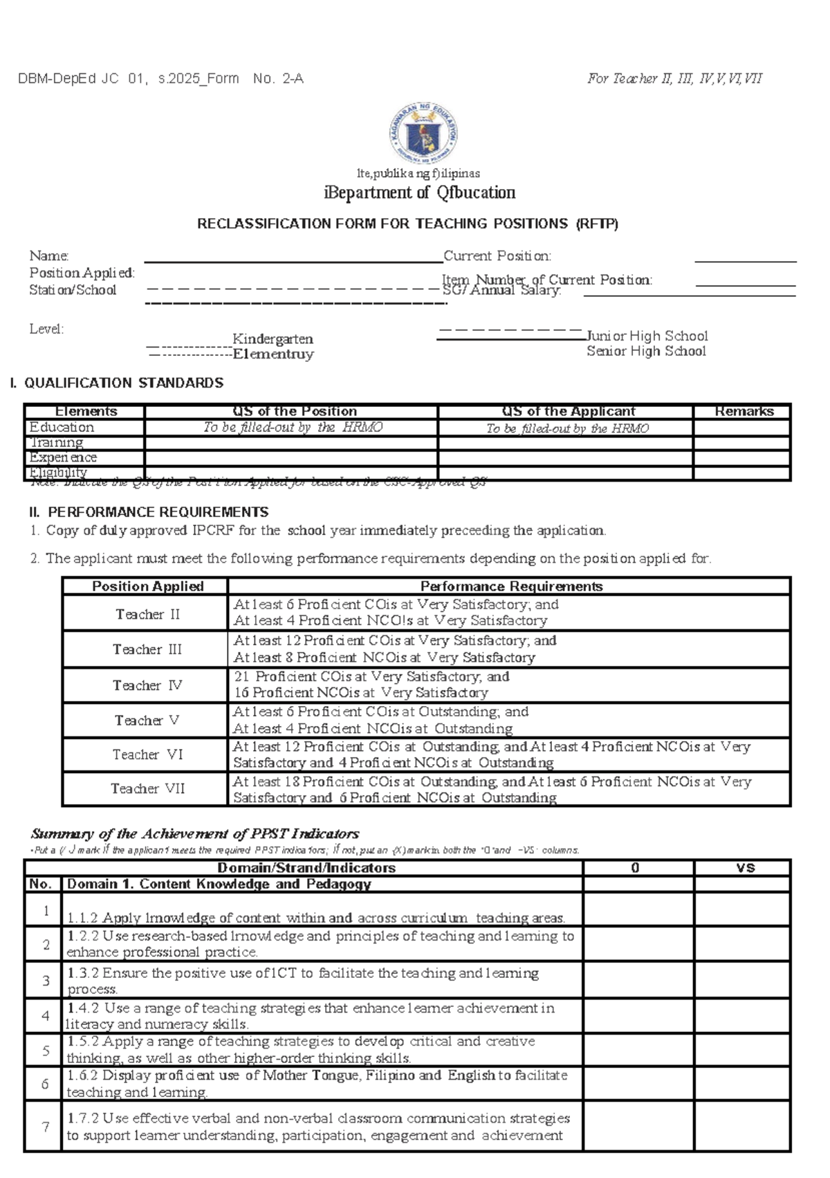 Reclassification Form for Teaching Positions (RFTP) - JC 01, s.2025 ...