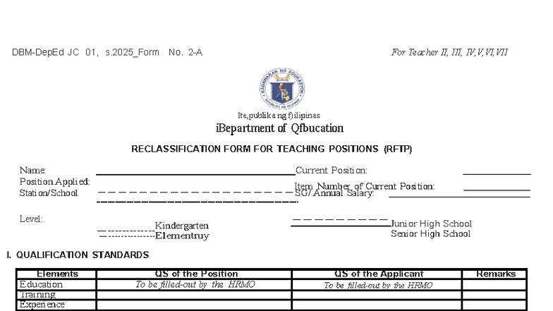 Reclassification Form for Teaching Positions (RFTP) - JC 01, s.2025 ...