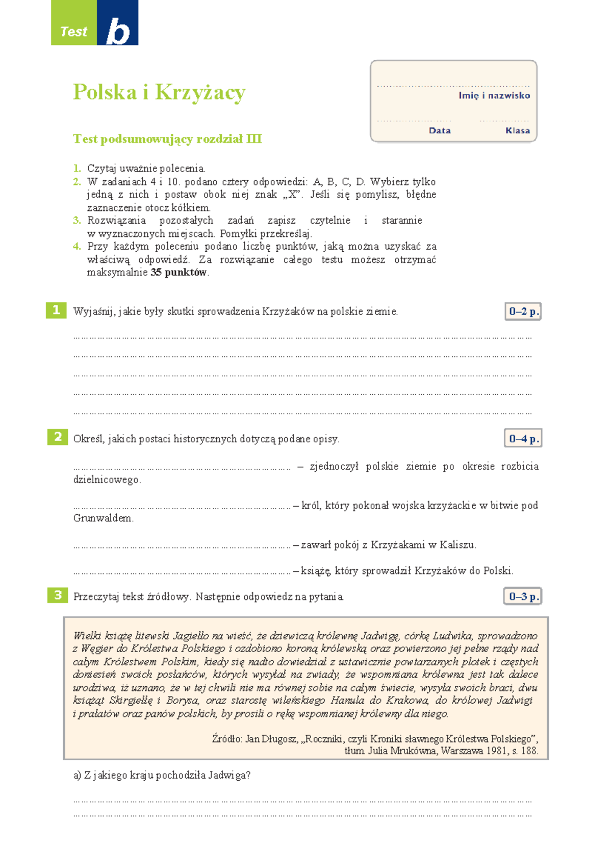 Test R III B - Historia klasa 5, rozdział 3 - Sprawdzian o Krzyżakach ...