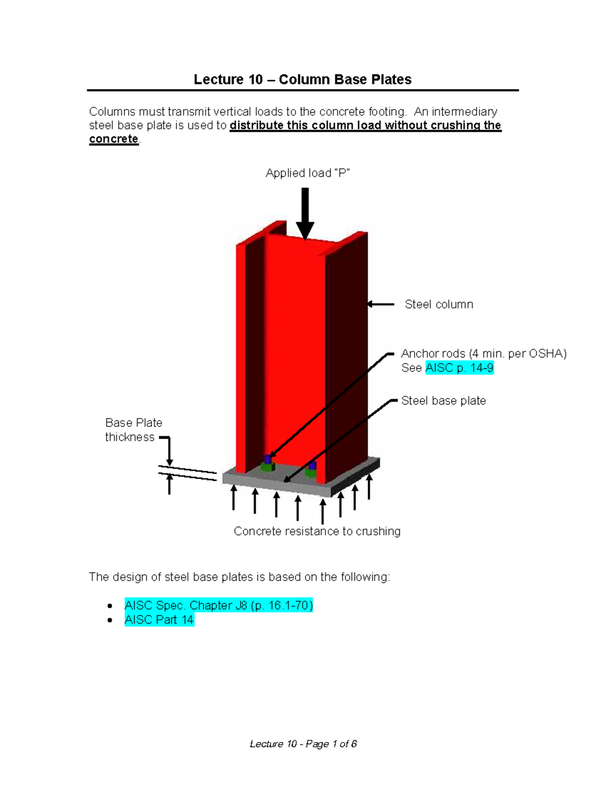 AISC 10 Lecture Notes: Column Base Plate Design Fundamentals - Studocu