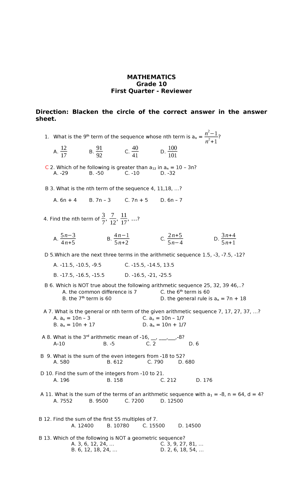 MATHEMATICS G10 1st Quarter Reviewer & Science Notes 26-27 - Studocu