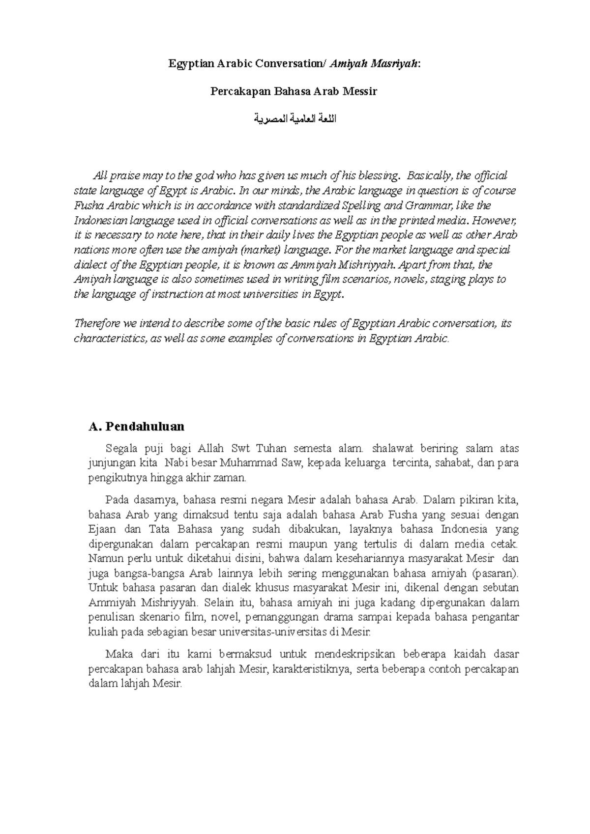 Egyptian Arabic Conversation: Syntax and Practical Examples - Studocu