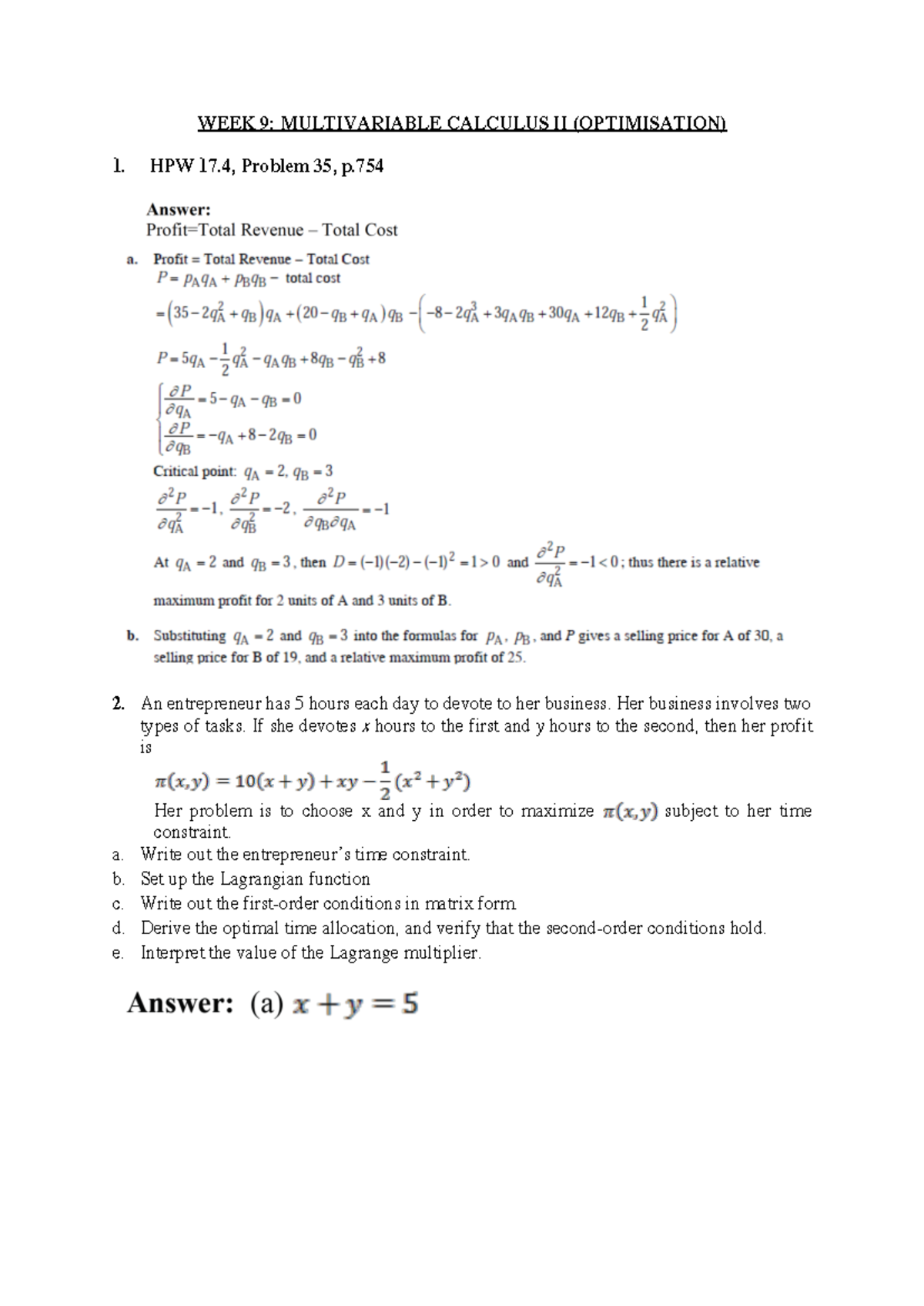 Wk 9 Multivariable Calculus II: Optimisation Techniques & Problems ...