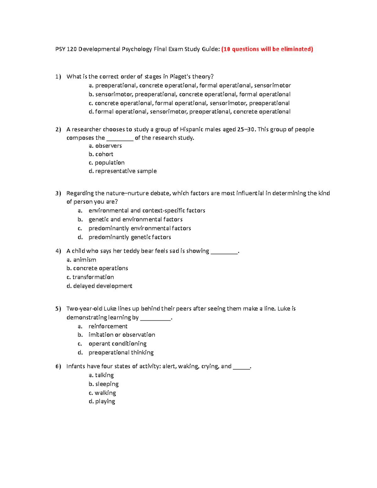PSY 120 Developmental Psychology Final Exam Study Guide (Key Topics ...