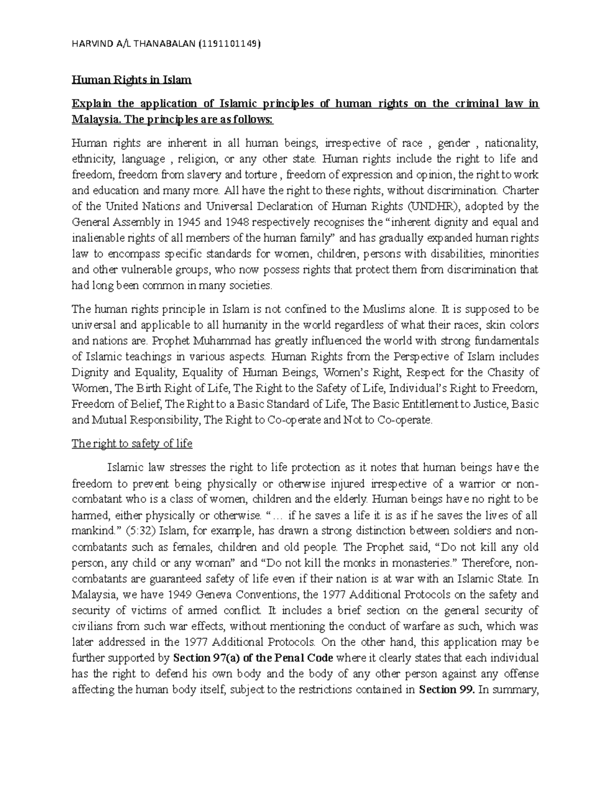 Human Rights LAW - Human Rights in Islam Explain the application of ...
