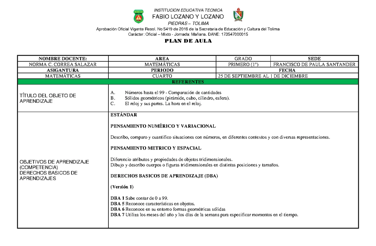 Plan de Aula para Grado 5° by LUZ MILA R. - Tercer Periodo 2023 - Studocu
