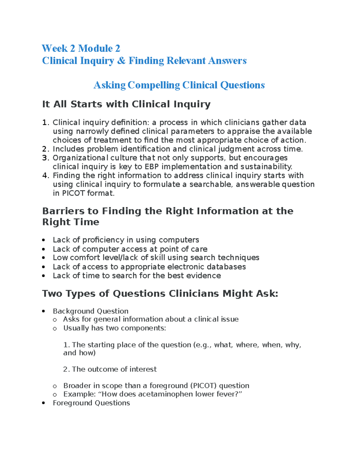 NU604 Week 2 Clinical Inquiry & Finding Relevant Answers - Studocu