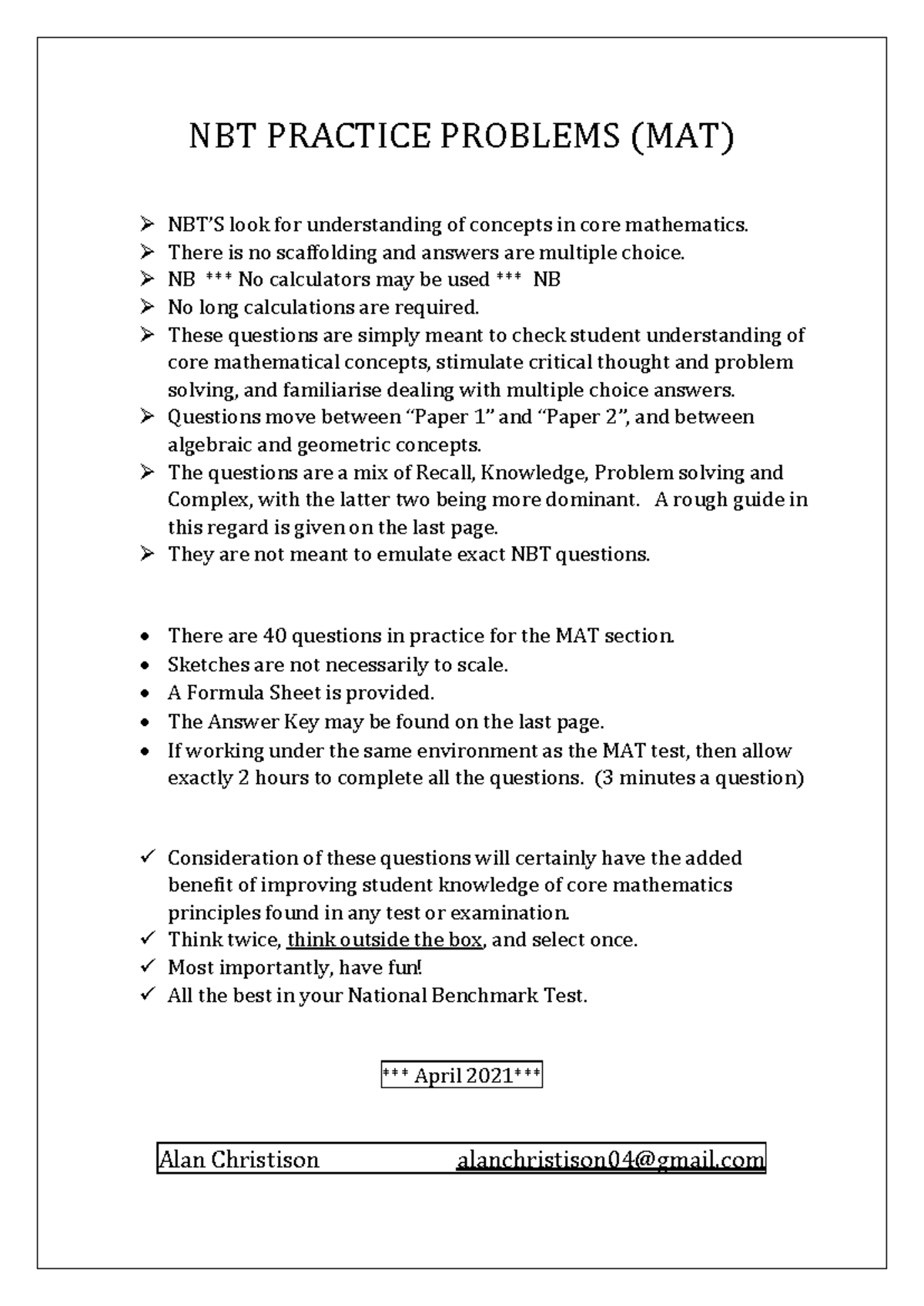 NBT MAT Practice Problems: Core Math Concepts & MCQs - Studocu