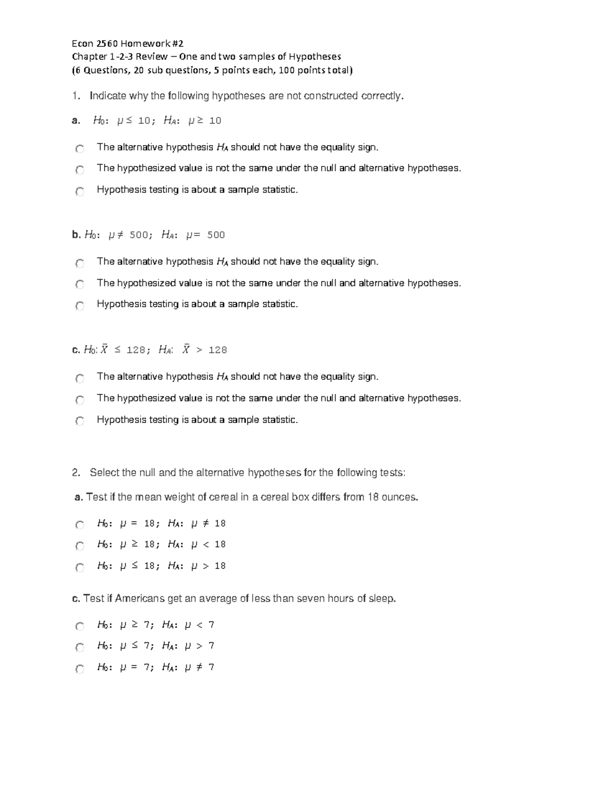 Econ 2560 Homework #2: Hypothesis Testing & Confidence Intervals Review ...