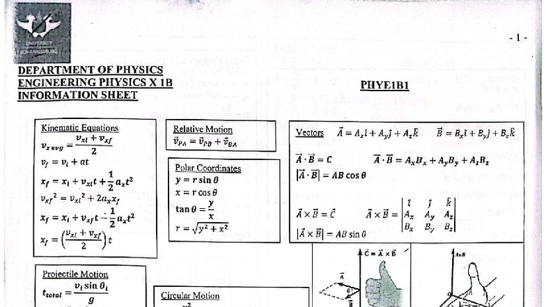 Physics Formula Sheet PHYE1B1: Kinematic & Motion Equations - Studocu