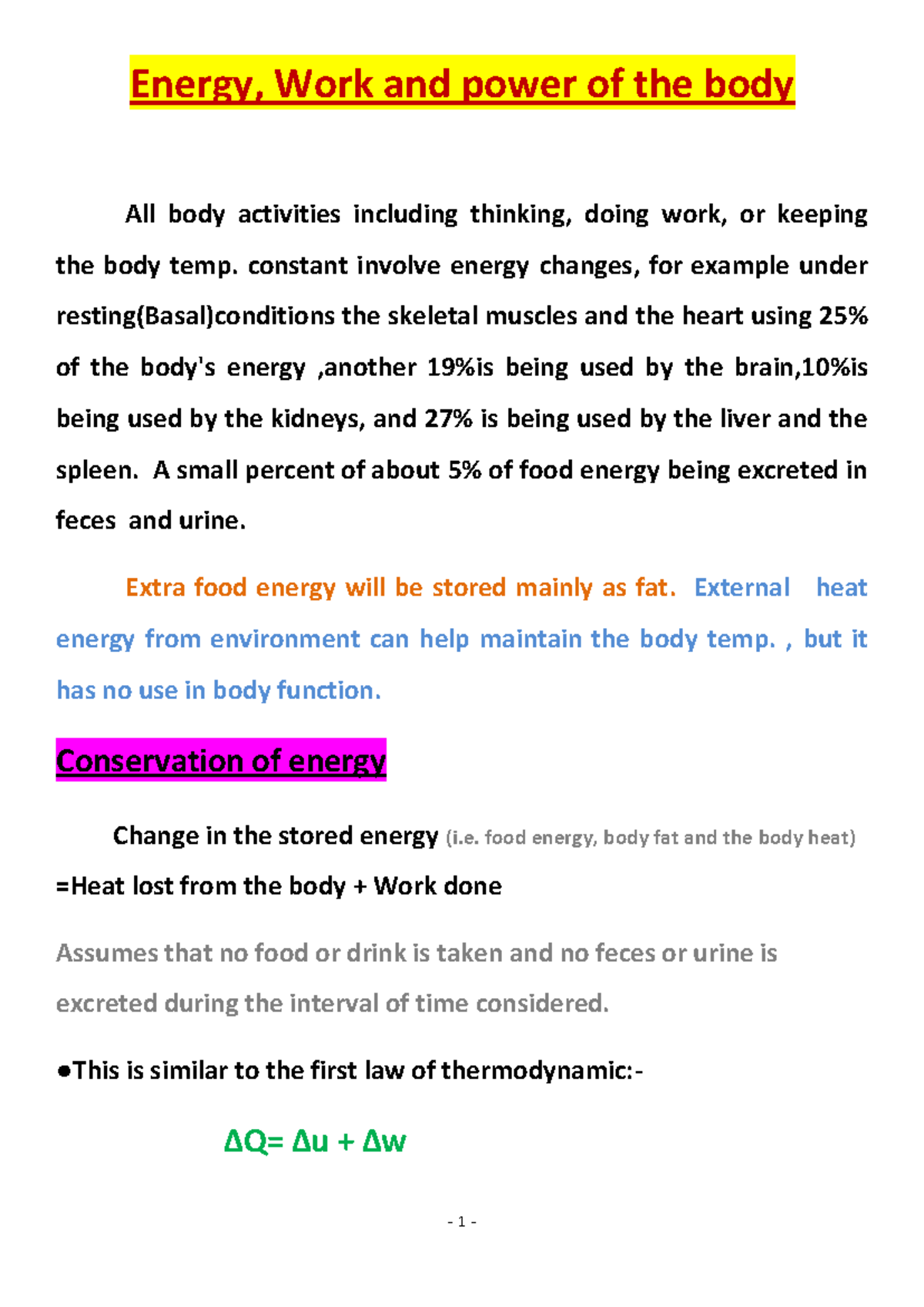 Energy, Work, and Power of the Body in Human Physiology - Studocu