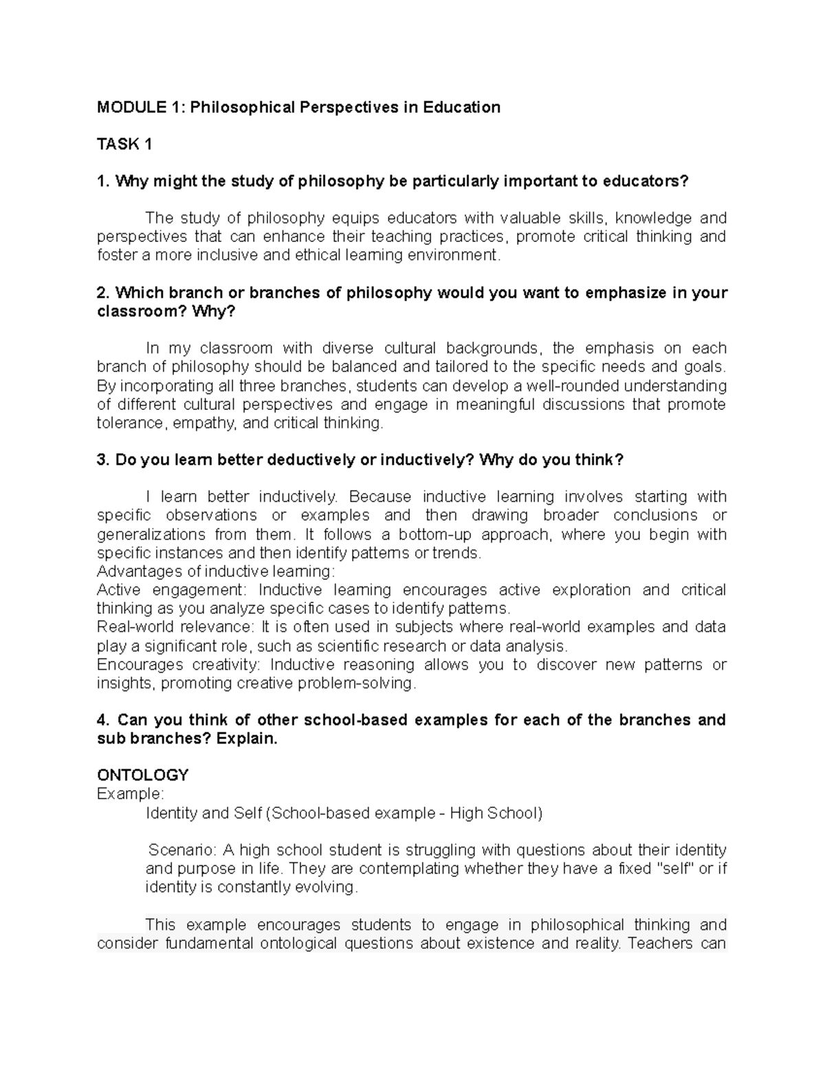 Module 1: Key Tasks and Philosophical Perspectives in Education - Studocu