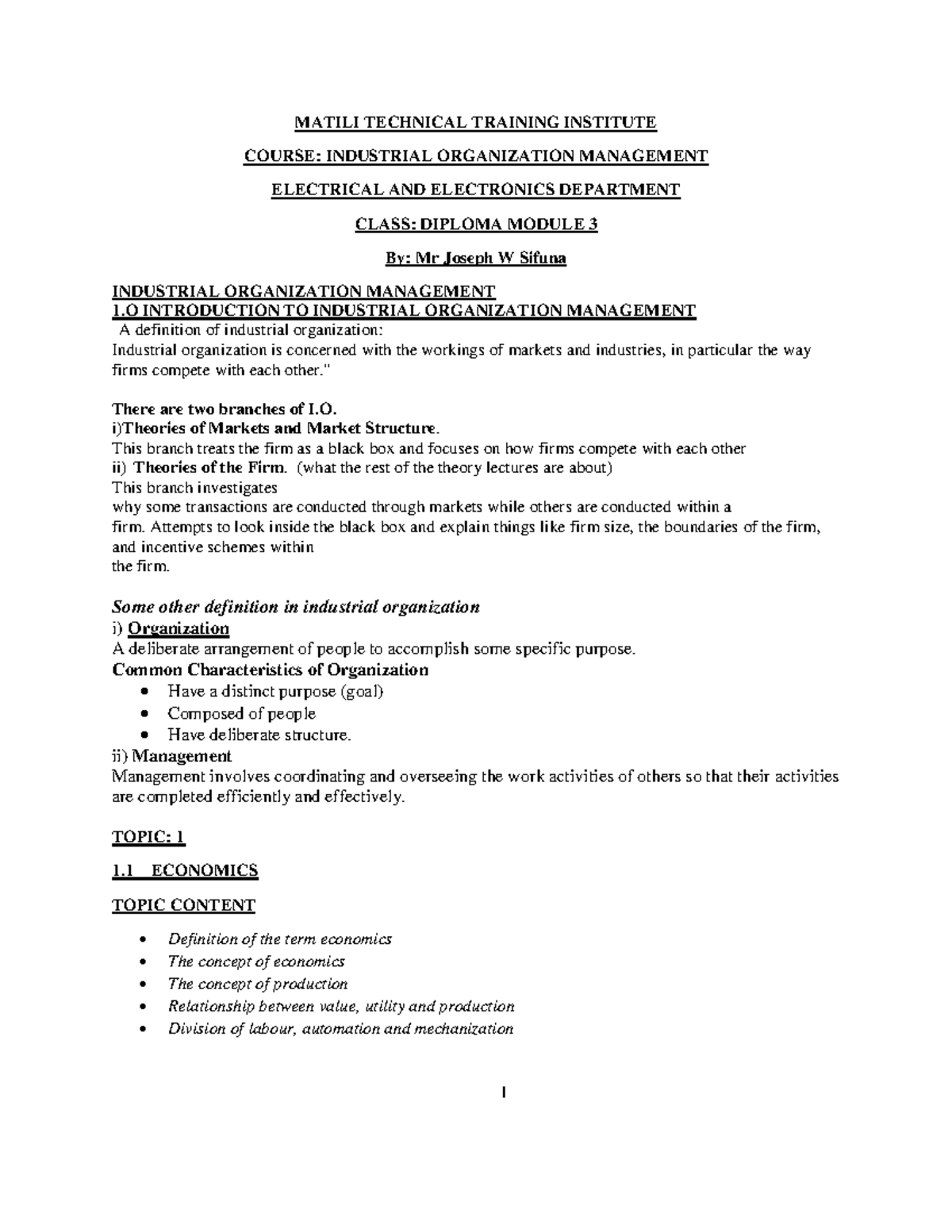 IOM 101: Introduction to Industrial Organization Management - Module 3 ...