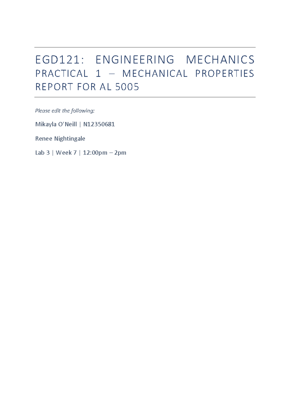 EGD121: Engineering Mechanics Practical 1 - AL 5005 Mechanical ...