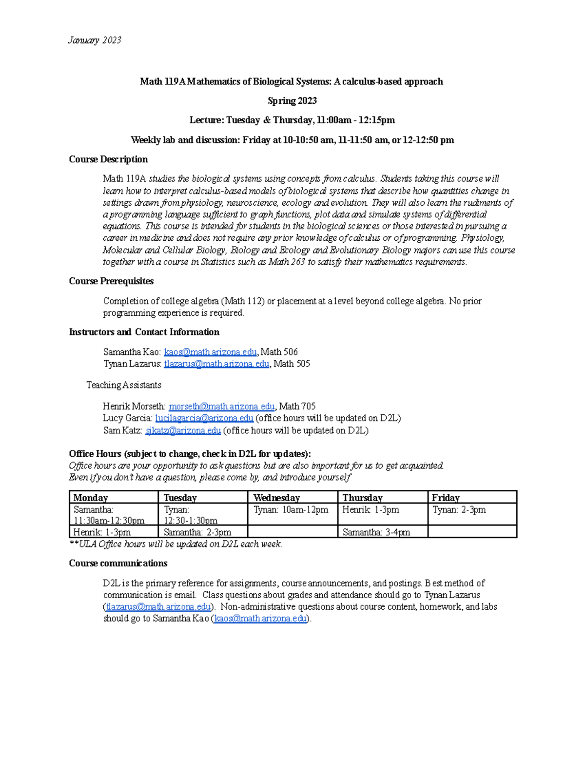 Math119A Syllabus: Mathematics of Biological Systems Sp23 (Updated Feb ...