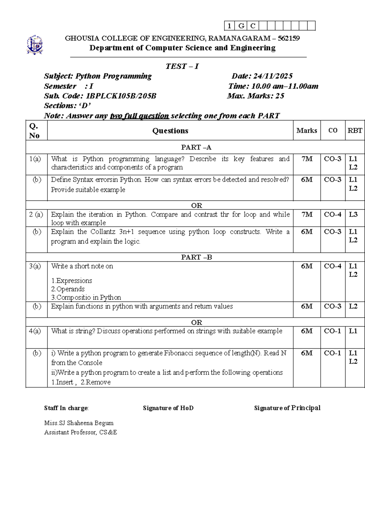 Python Programming Test I Question Paper - 1st Sem (25 Marks) - Studocu