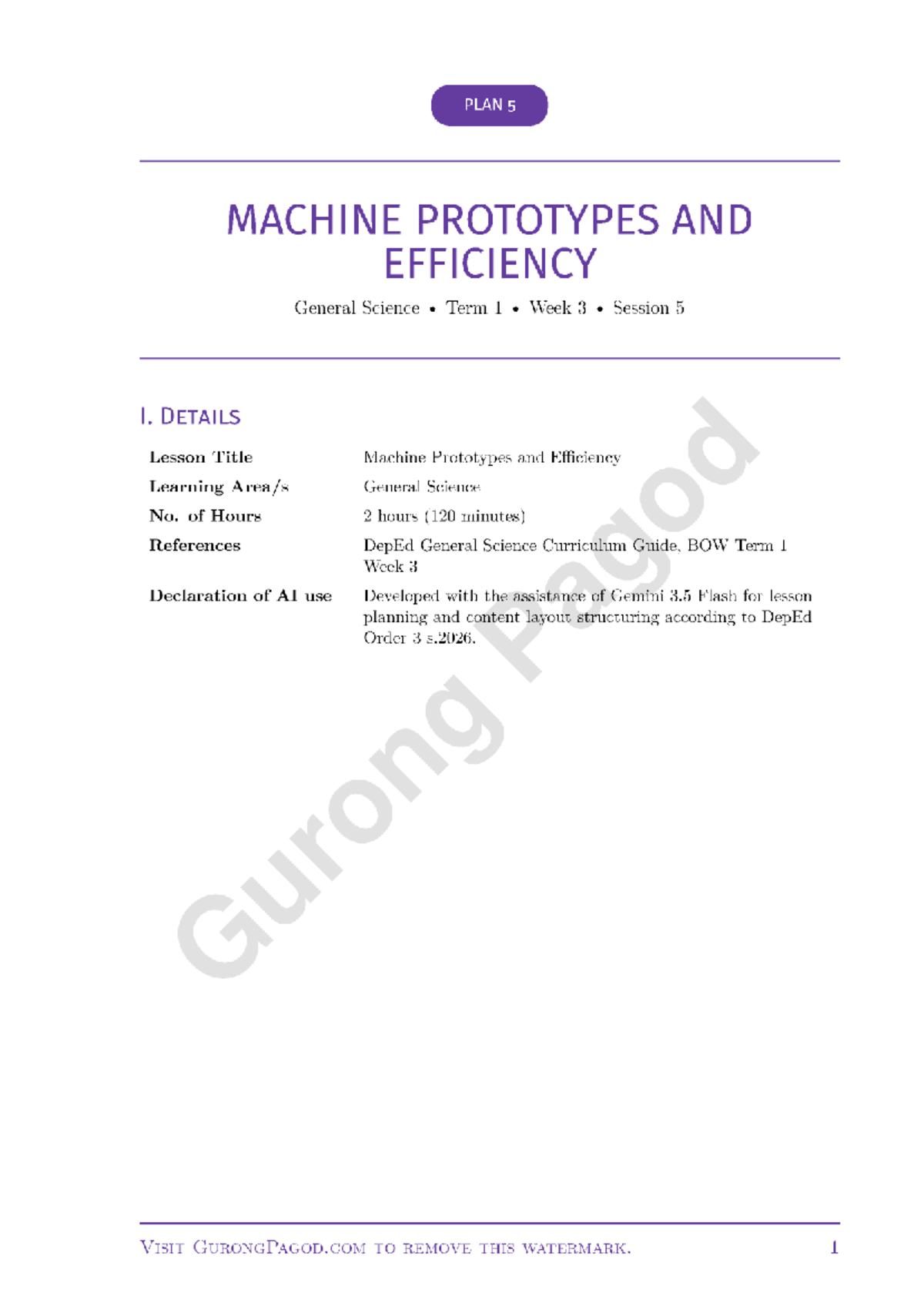 PLAN 5: MACHINE PROTOTYPES & EFFICIENCY - Gen Sci Term 1, Week 3 - Studocu
