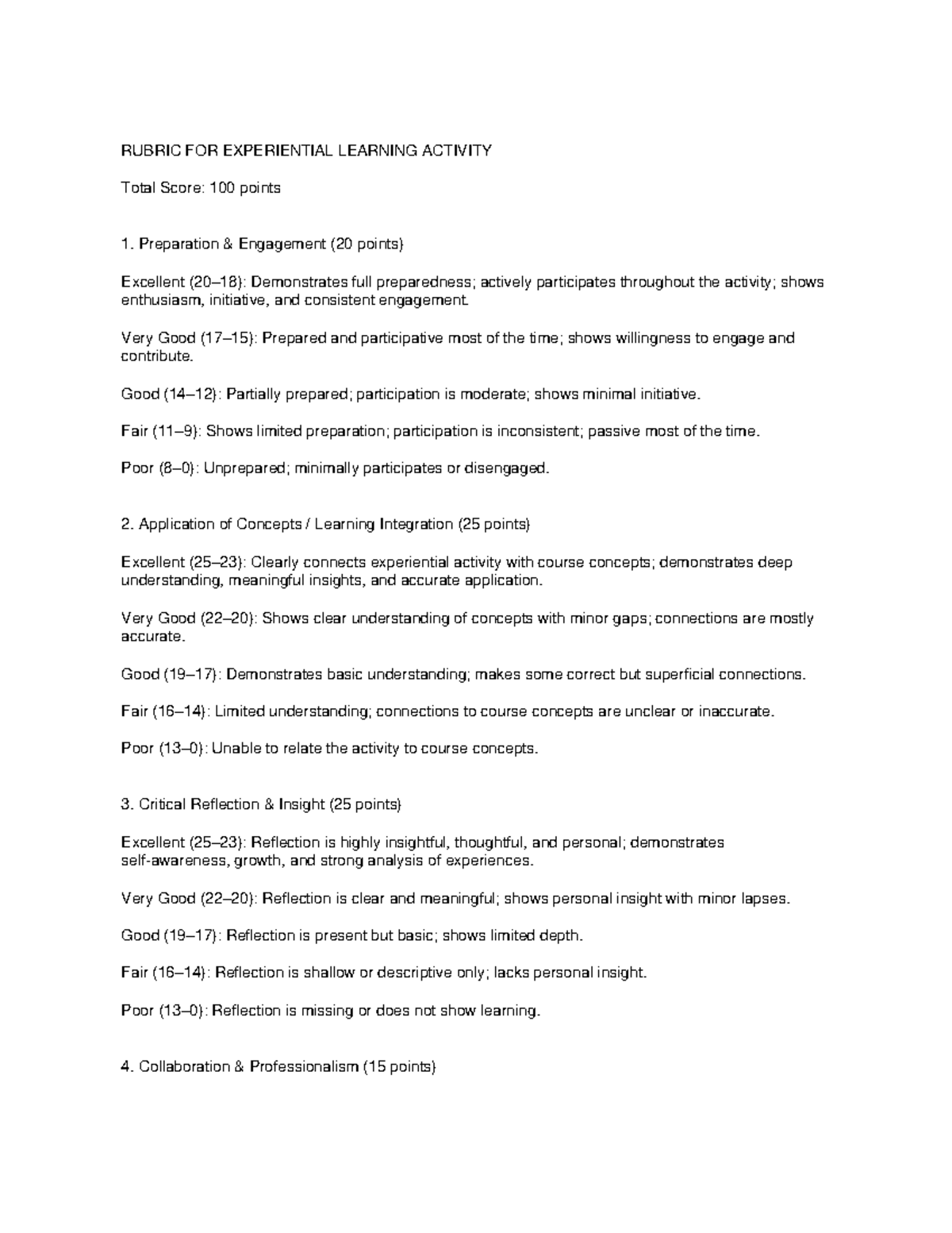 RUBRIC FOR EXPERIENTIAL LEARNING ACTIVITY (Total: 100 pts) - Studocu