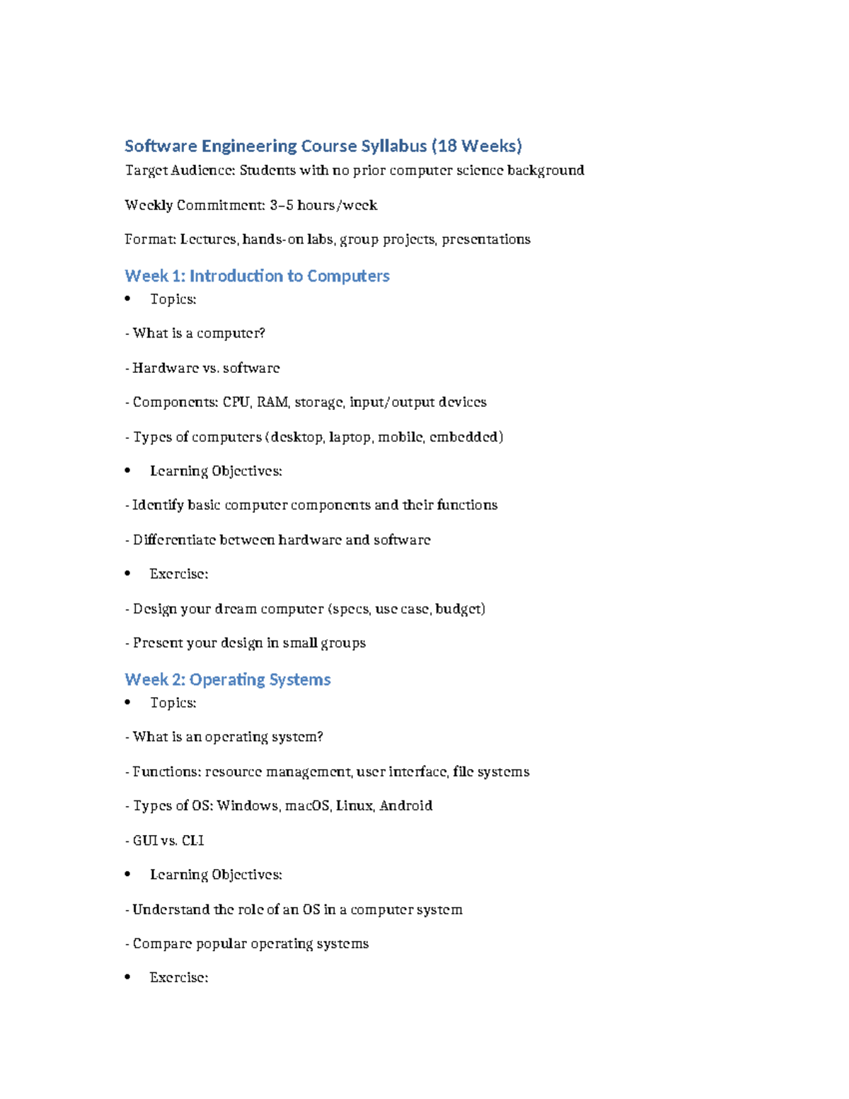 (2Gamma) Updated Software Engineering Syllabus: 18-Week Overview - Studocu