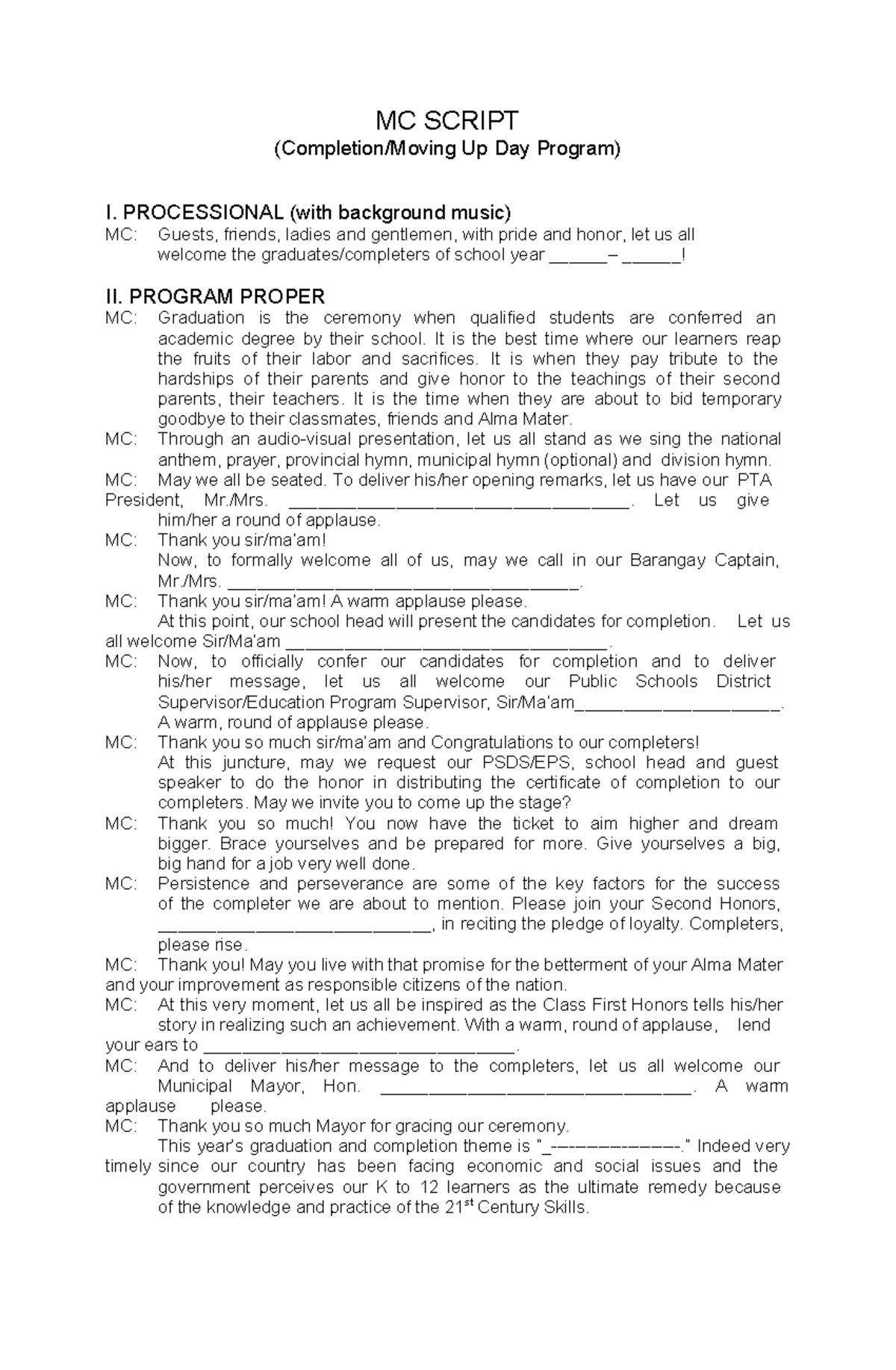 Emcee Script for Graduation Ceremony (MC 101) - Studocu