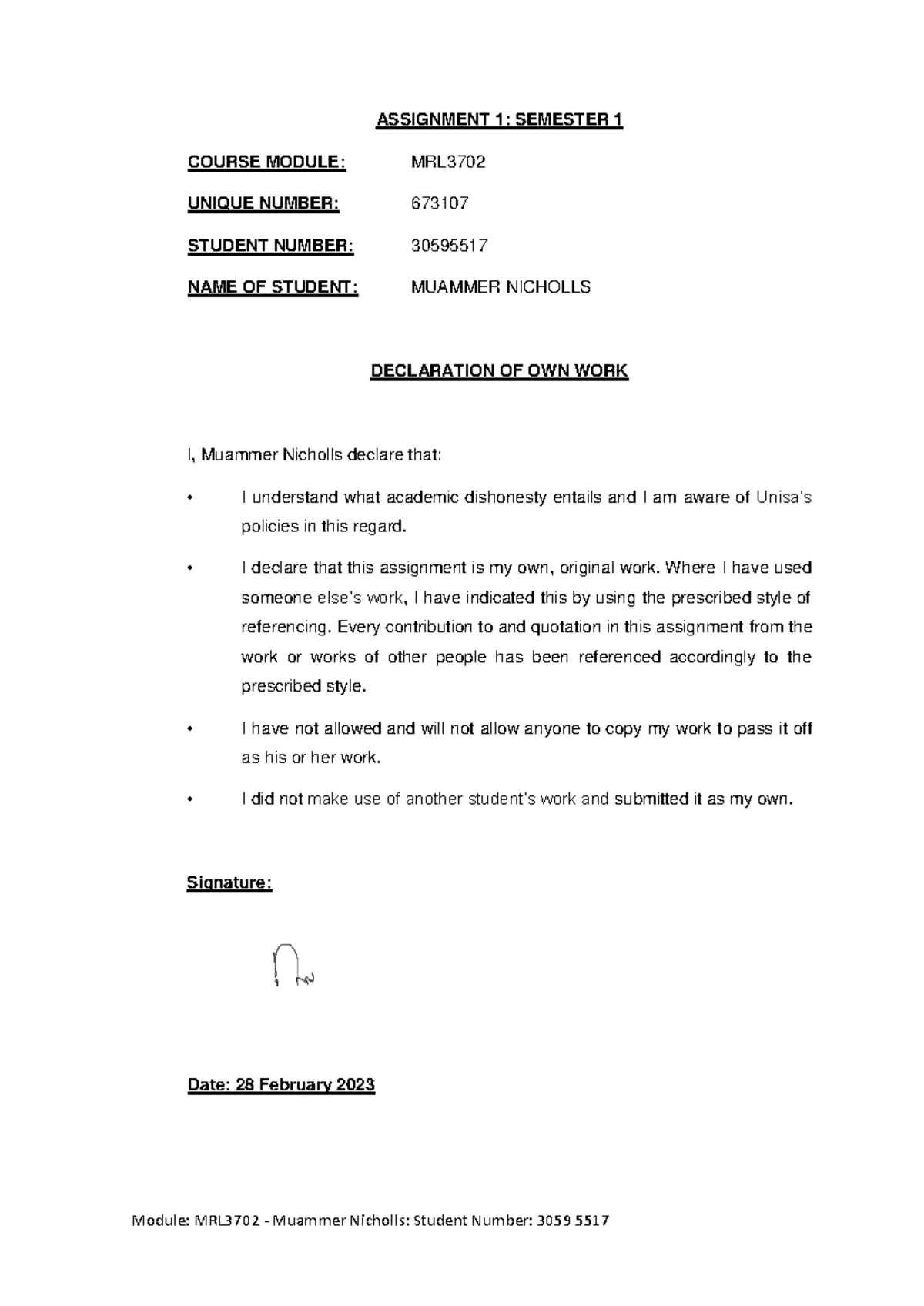 Labour LAW MRL3702 Assigment 1 - ASSIGNMENT 1: SEMESTER 1 COURSE MODULE ...
