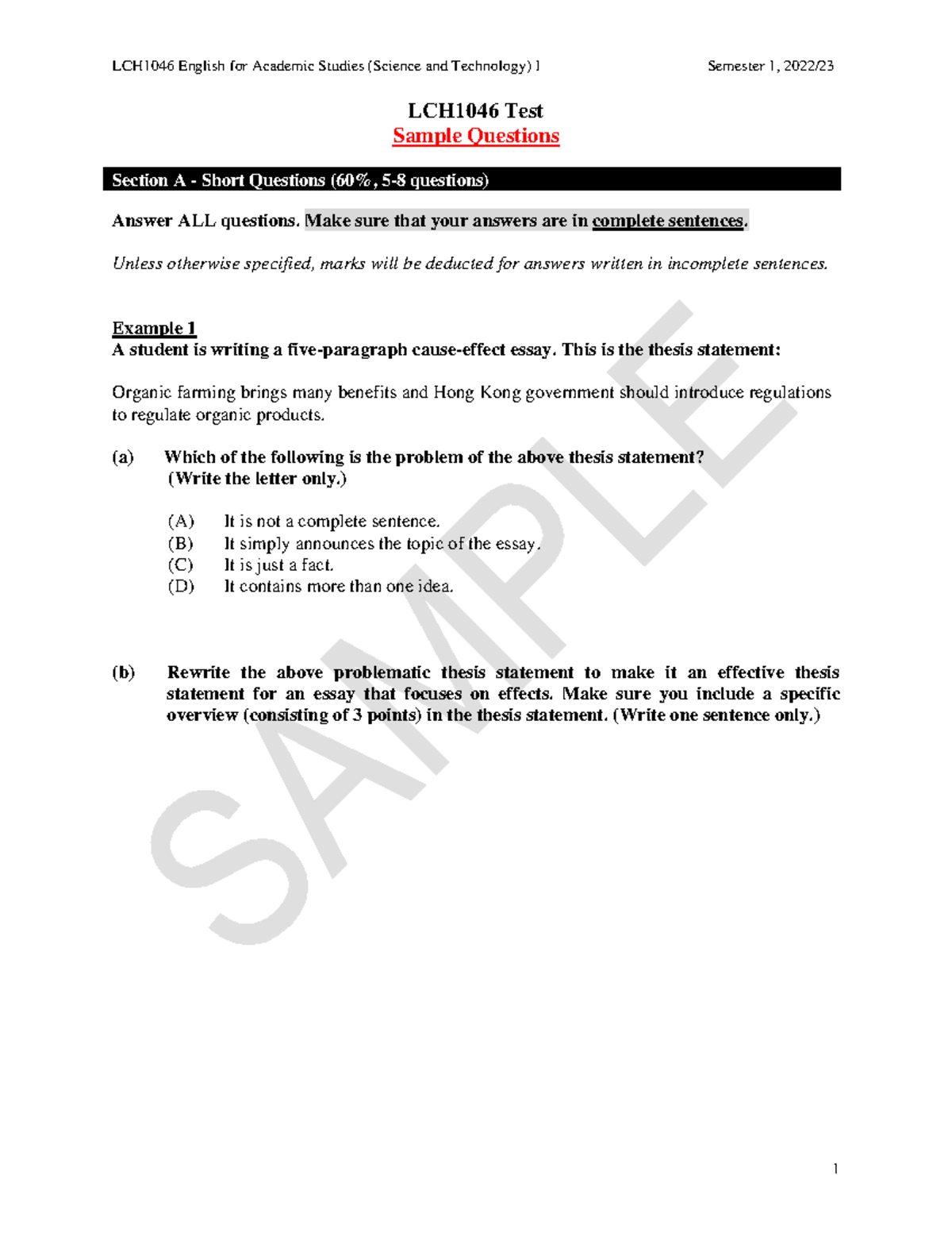 LCH1046 Sample Test Questions for English Academic Studies I - Studocu