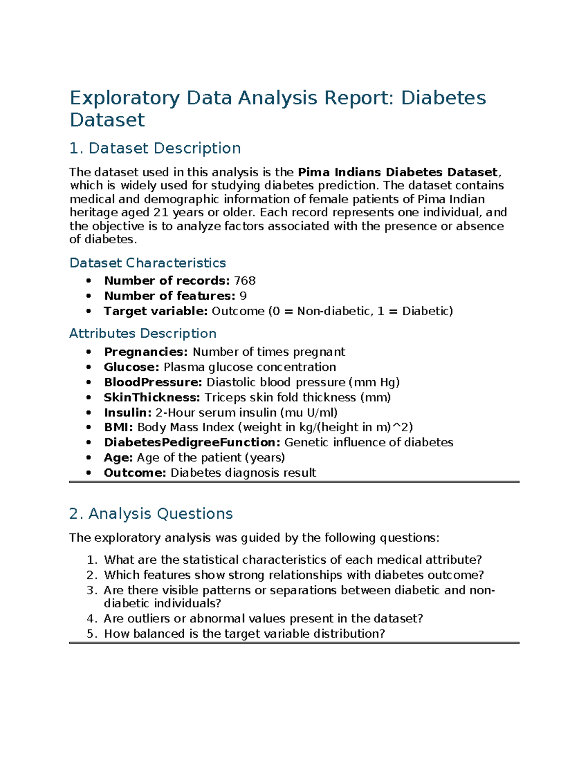 Diabetes Dataset (EDA) Report: Insights & Analysis - Studocu