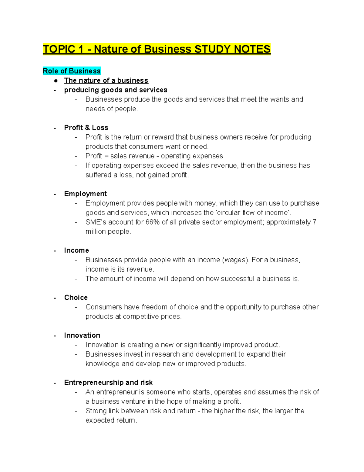 Business Studies: Nature of Business - Study Notes (BUS101) - Studocu