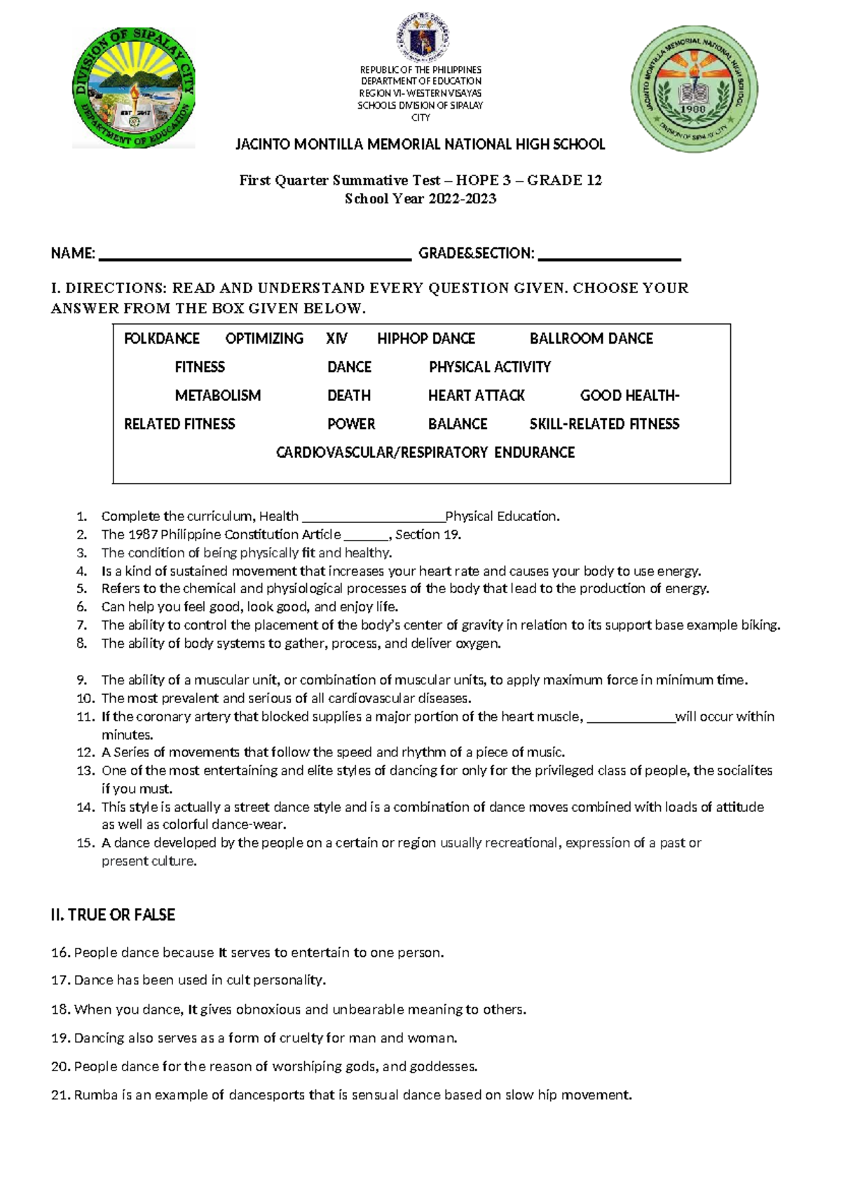 HOPE 3 GRADE 12 First Quarter Summative Test Exam - Studocu