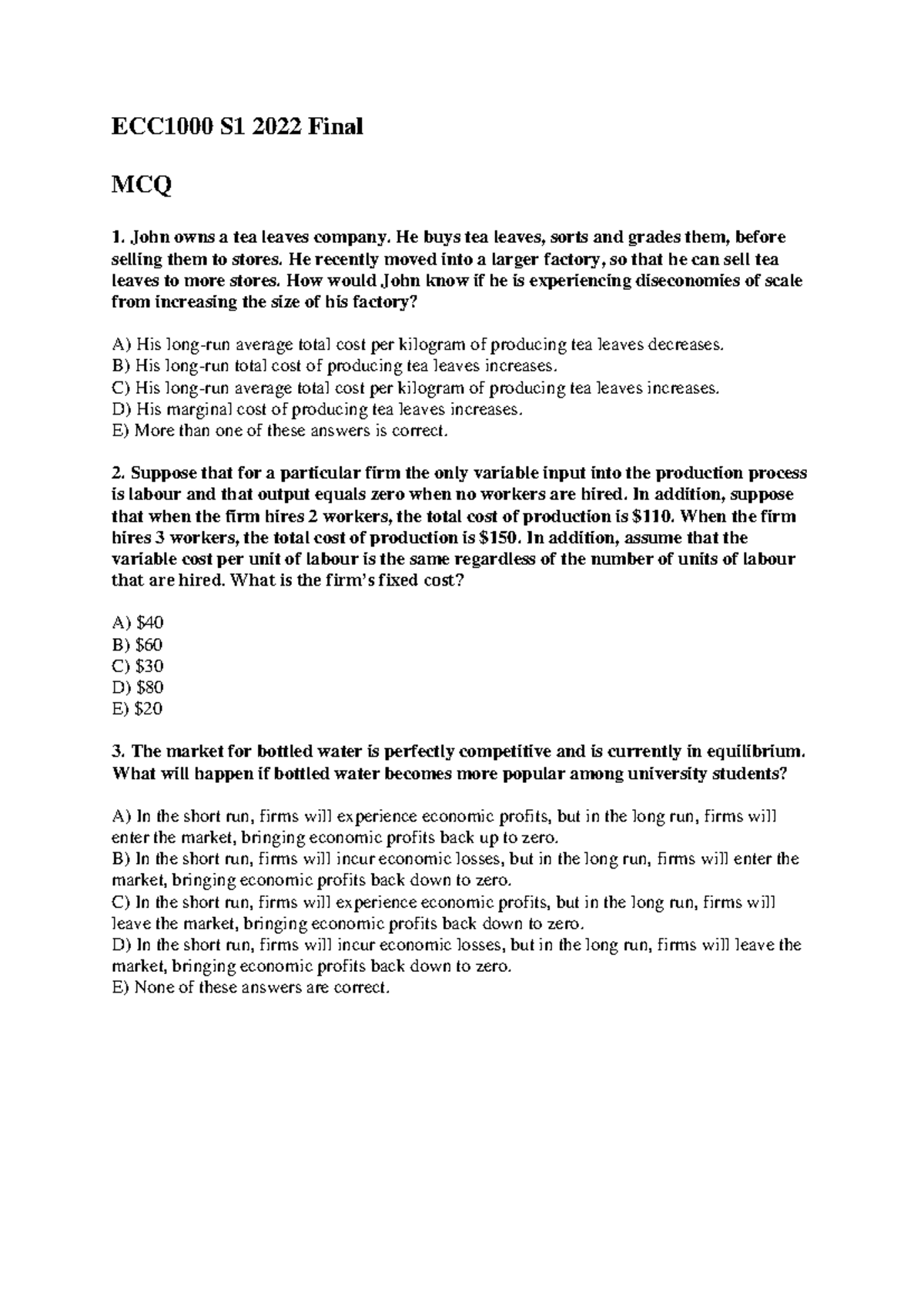 Microeconomics ECC1000 S1 2022 Final Exam Multiple Choice Questions ...