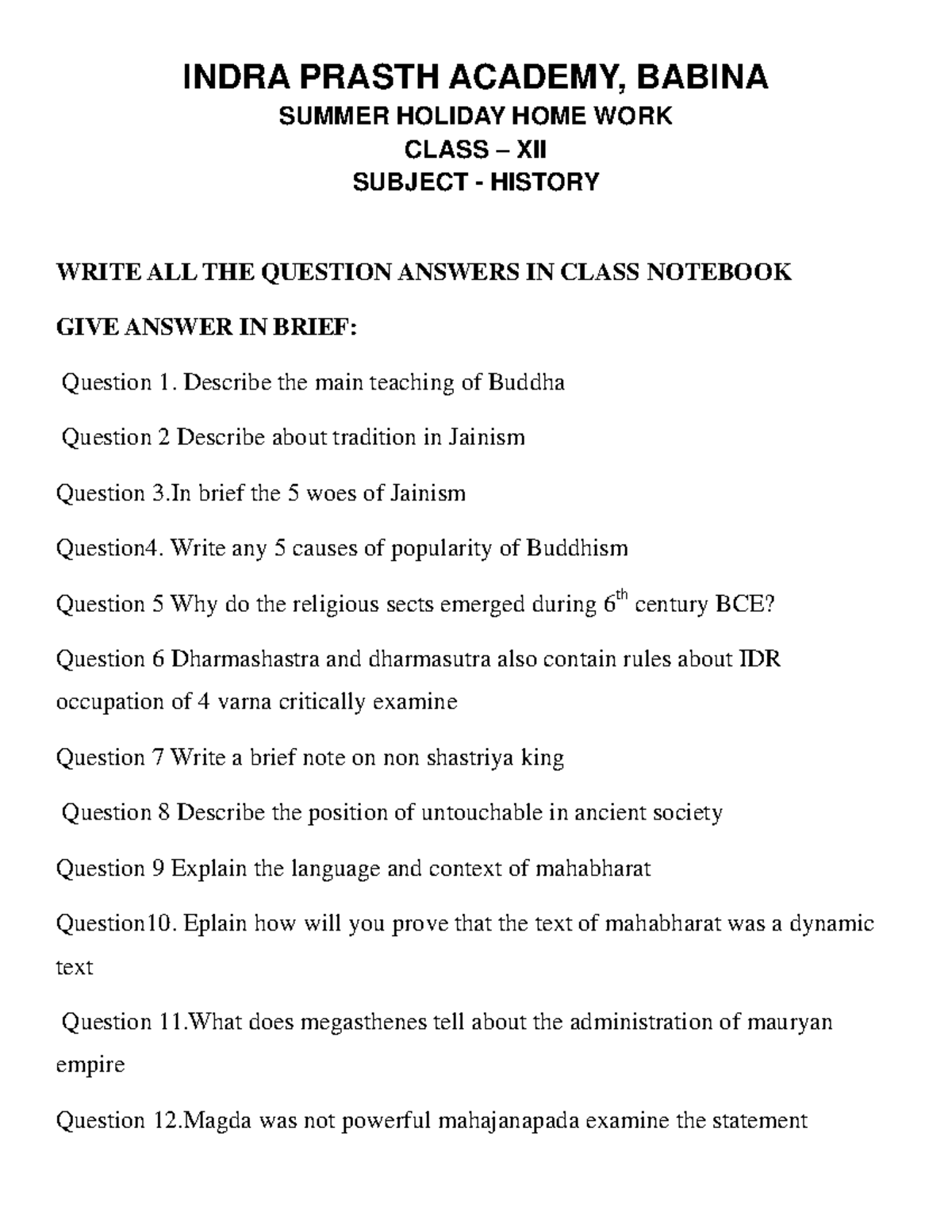 HHW-XII: History - Summer Holiday Homework Questions & Answers - Studocu