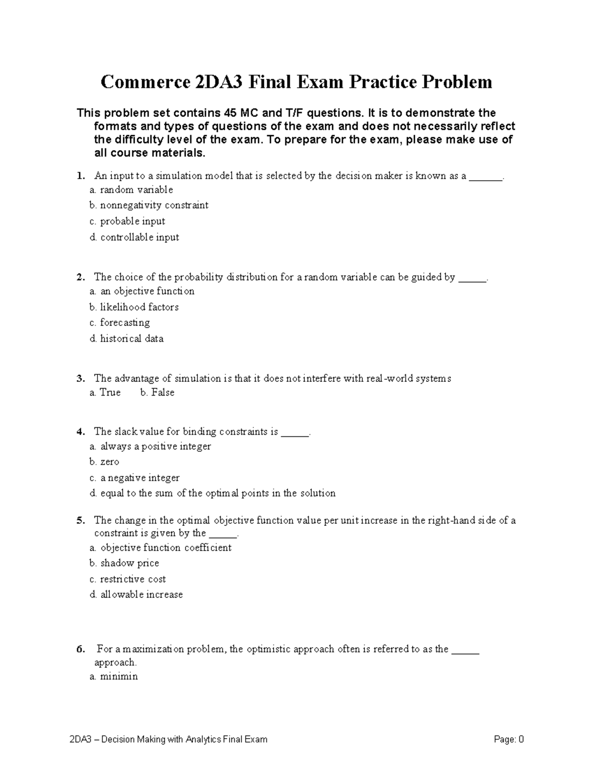 Commerce 2DA3 Final Exam Practice Problems and Solutions - Studocu
