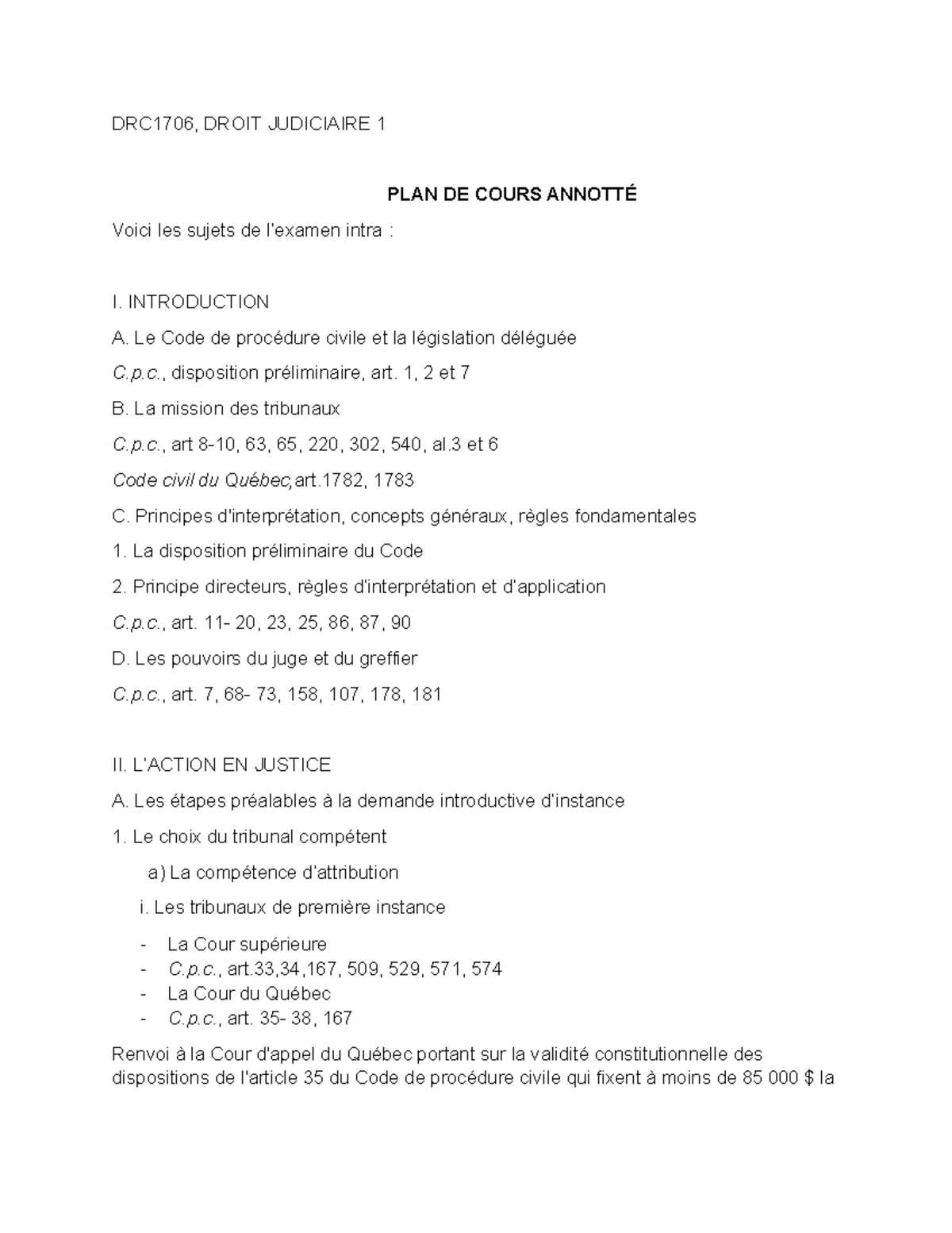 DRC1706 - Plan de Cours Annoté pour l'Examen Intra en Droit Judiciaire ...