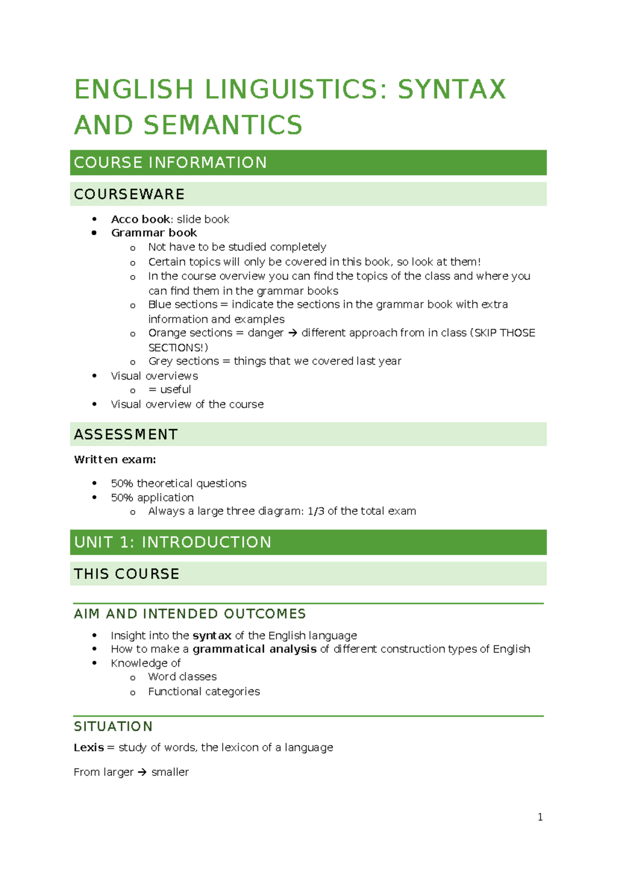 ENGLISH LINGUISTICS: SYNTAX AND SEMANTICS COURSE NOTES - Studocu