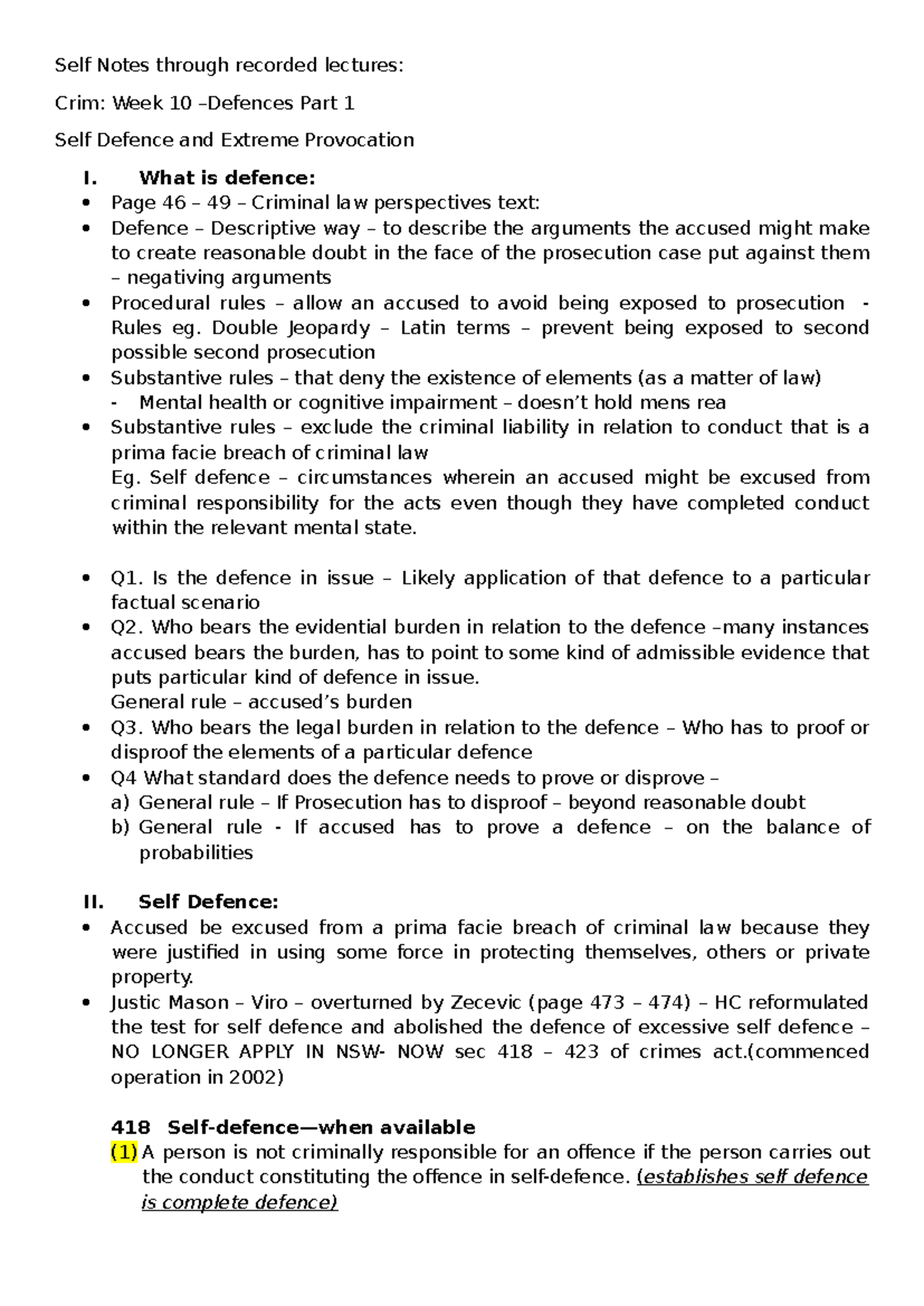 Self Defence Part 1 - Self Notes through recorded lectures: Crim: Week ...
