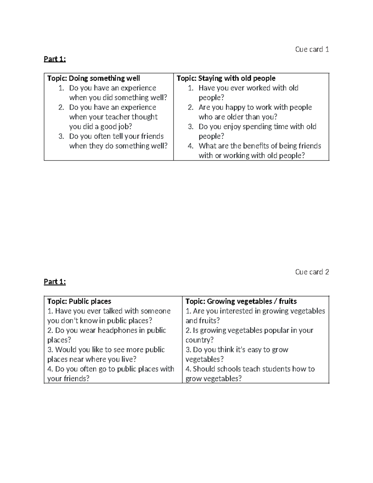 Speaking Notes for IELTS Preparation: Topics & Cue Cards - Studocu