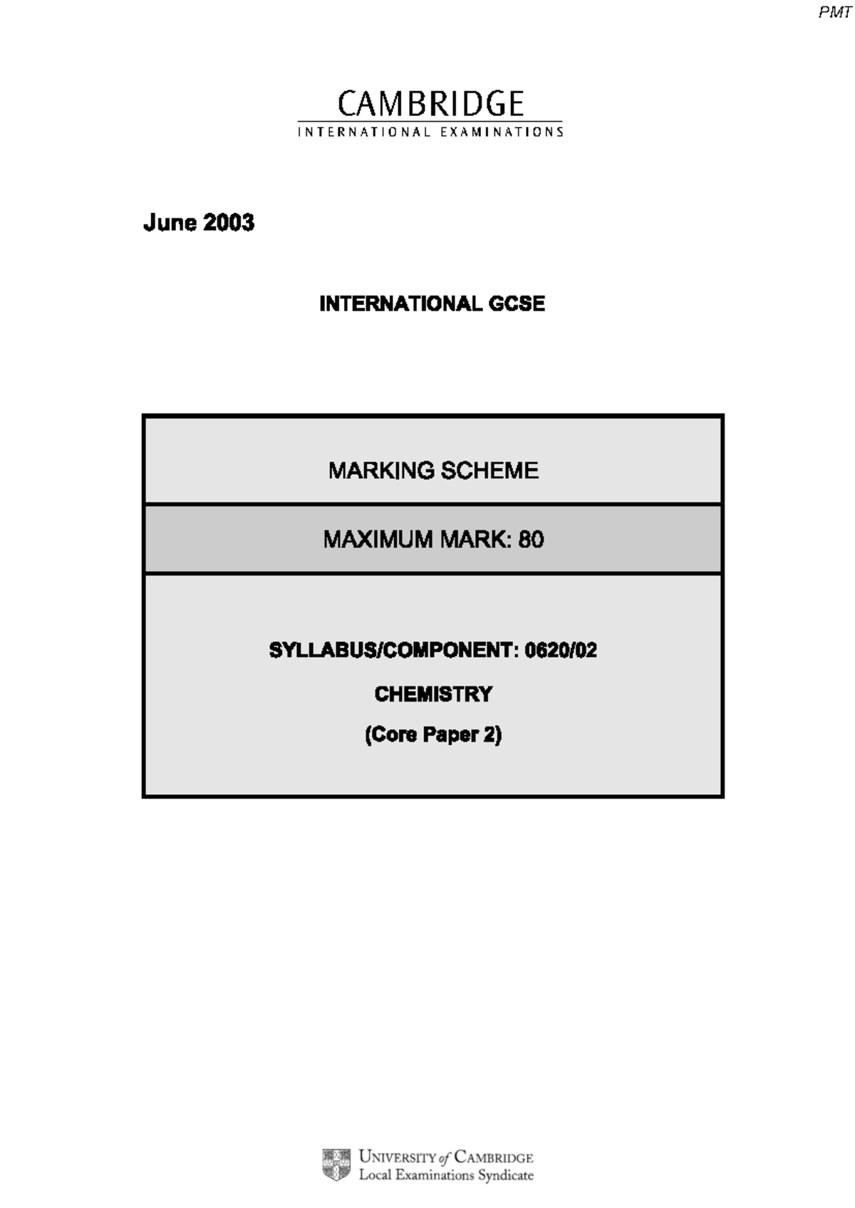 June 2003 IGCSE Chemistry - Paper 2 Marking Scheme Analysis - Studocu