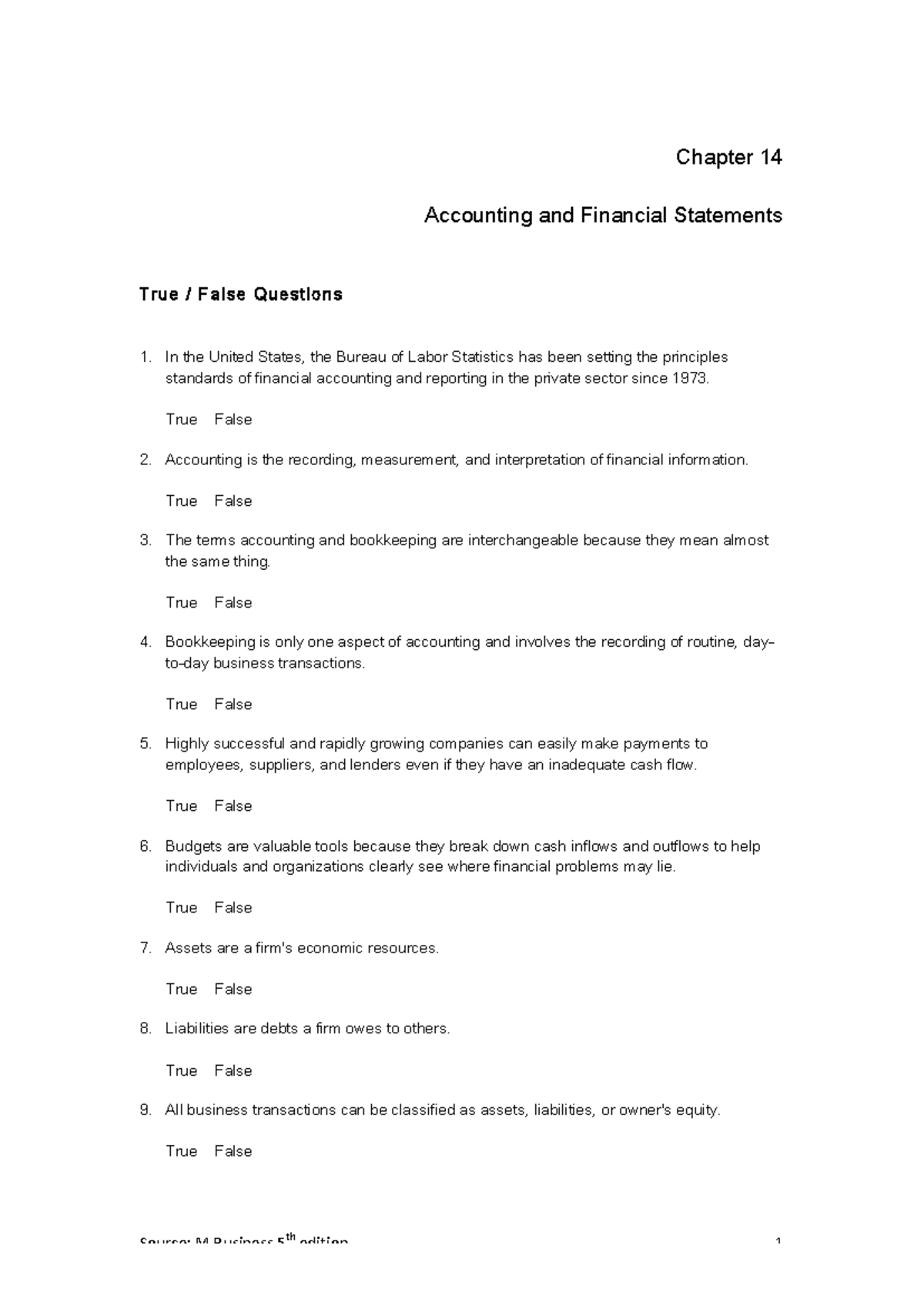 Test Bank Questions for Chapter 14: Accounting & Financial Statements ...