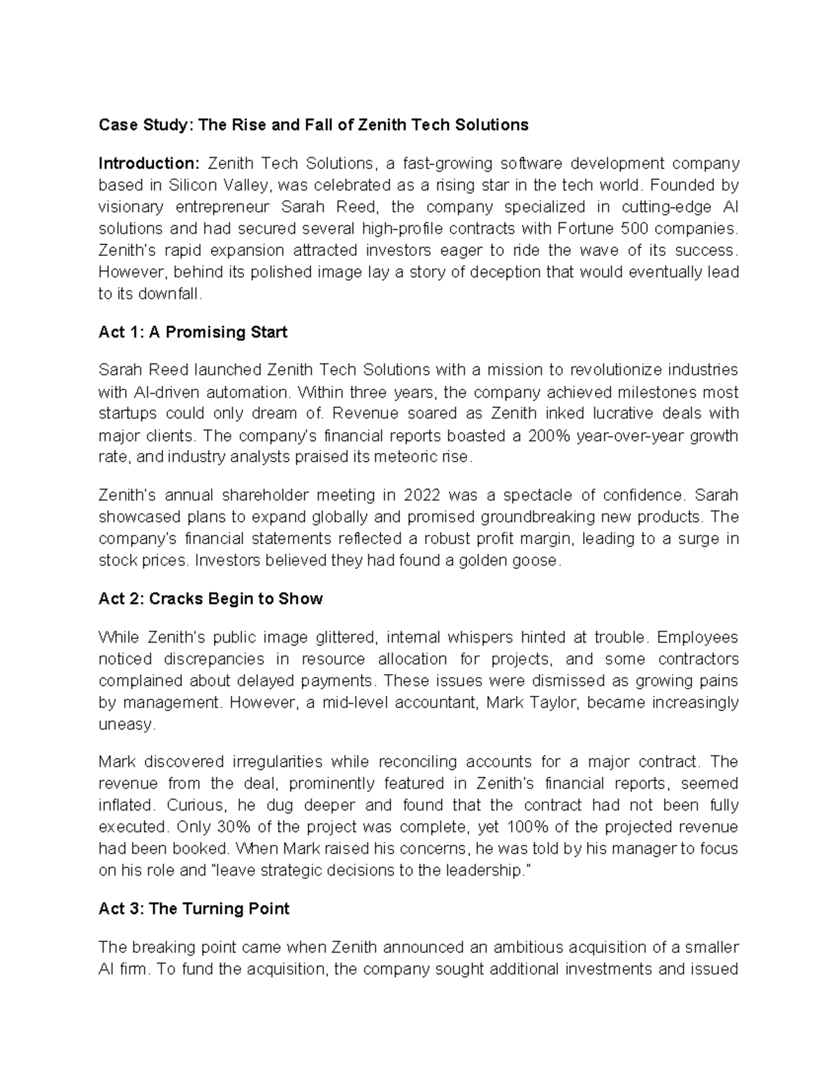 Case Study: Analyzing the Zenith Tech Solutions Downfall - Studocu