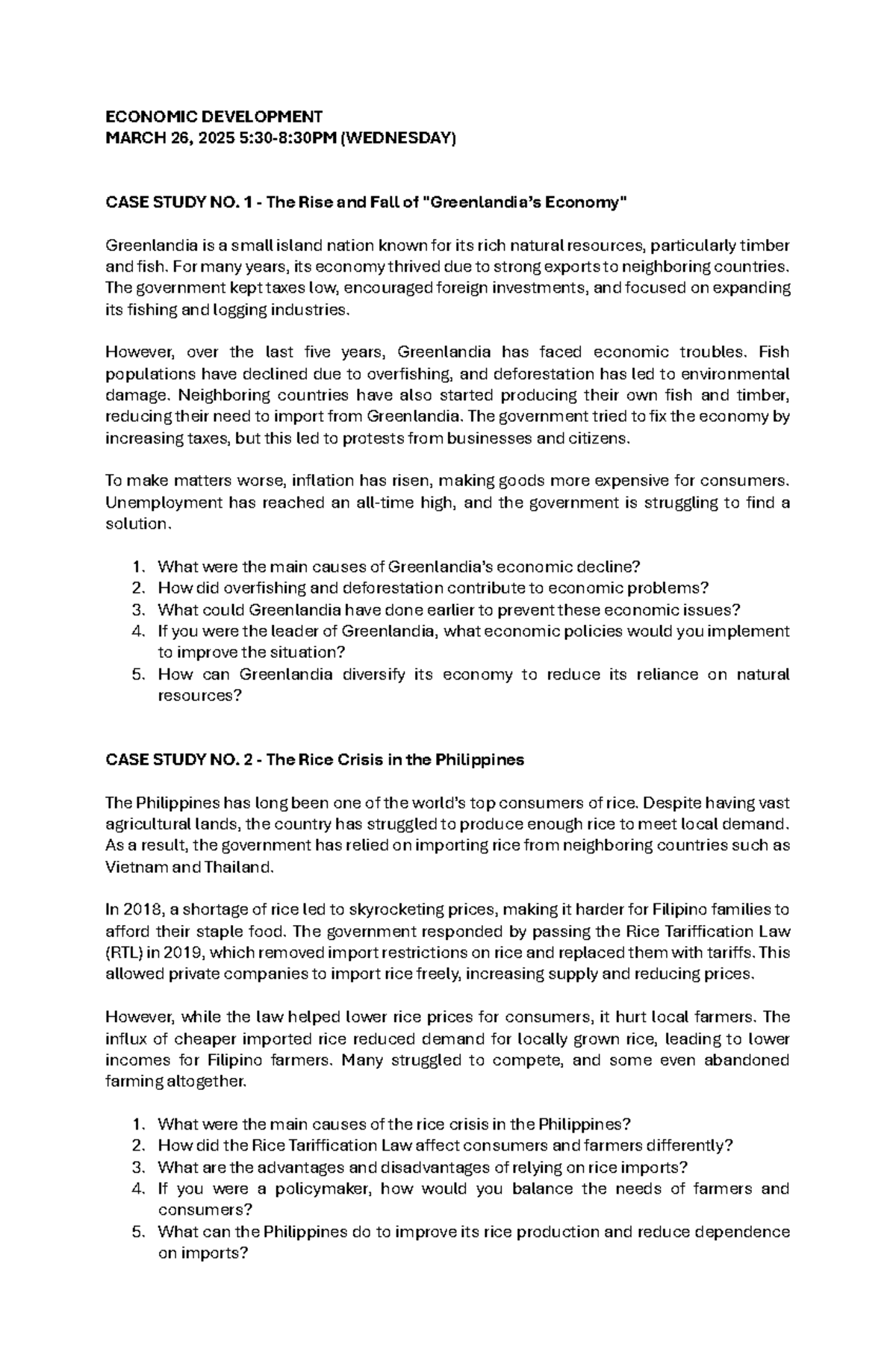 Economic Development Case Study: Greenlandia & Philippines 2025 - Studocu