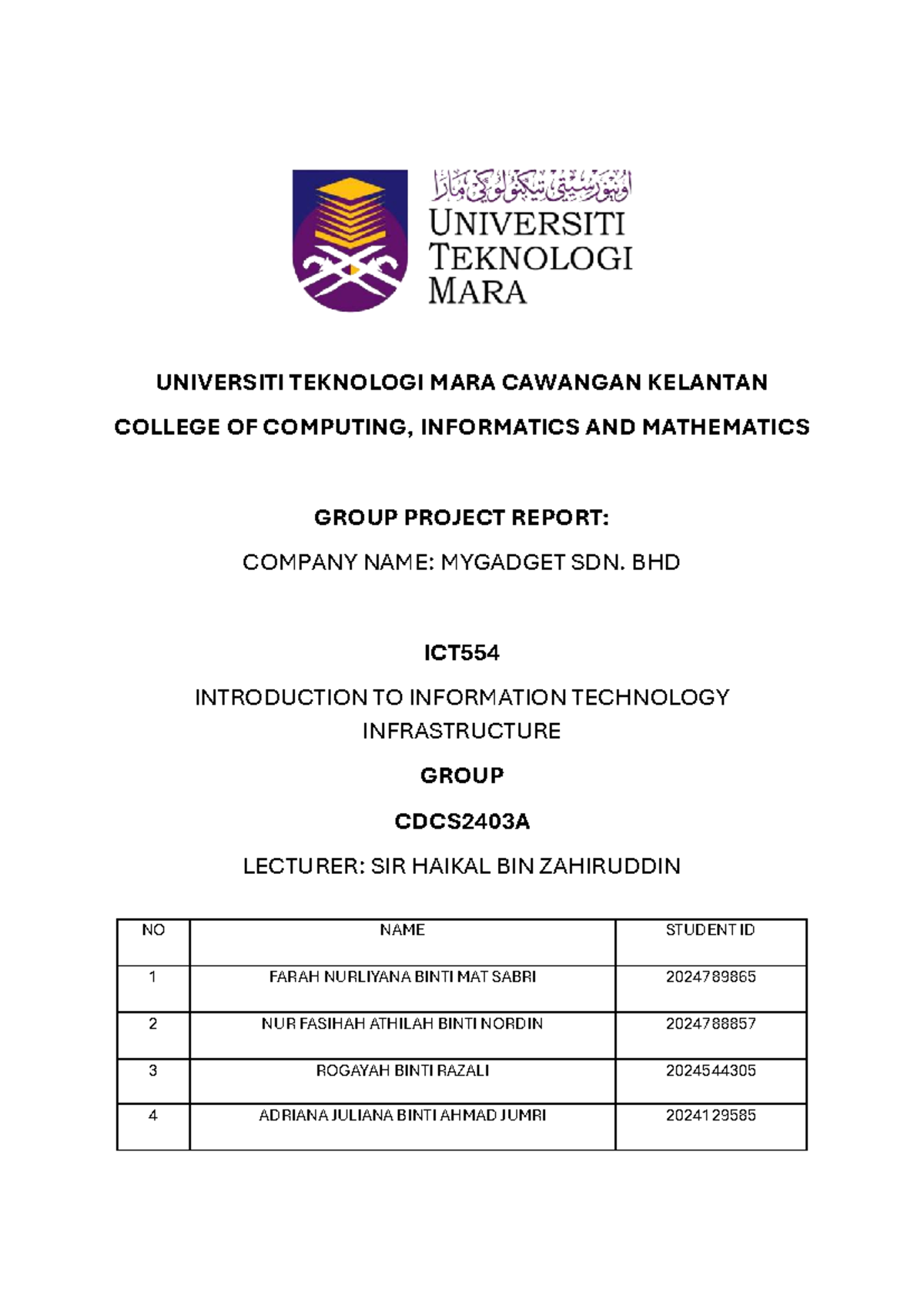Final Report: MyGadget SDN. BHD. Group Project ICT554 - Studocu