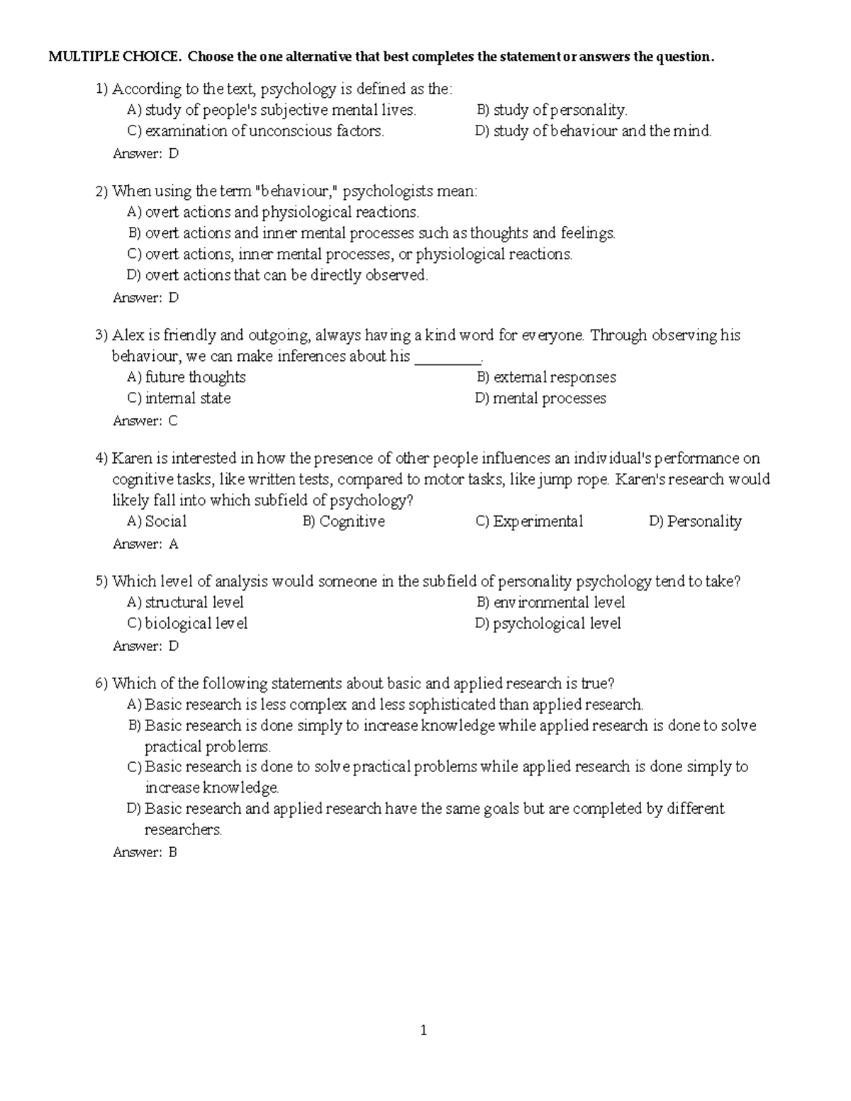 Chapter 1 - Psychology Test Bank Questions and Answers - Studocu